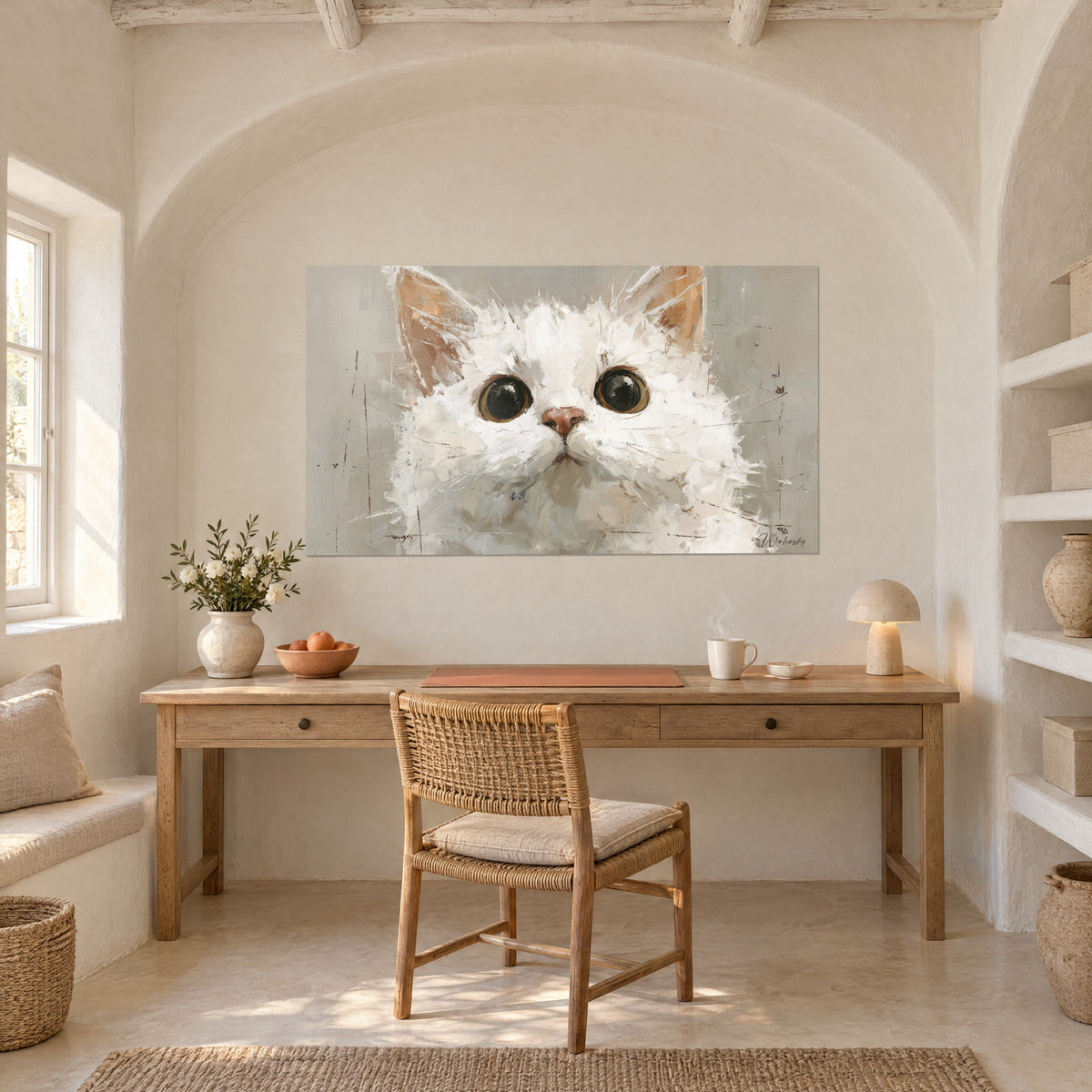 Tableau visage de chat peint à la spatule, pelage blanc cassé et fond gris argile, face à un bureau en bois clair
