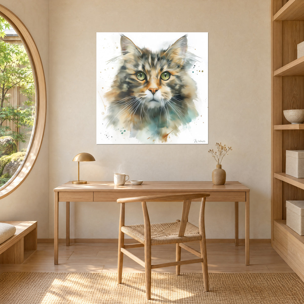 Obraz American Bobtail akwarelą, jasnozielone szparkowate oczy, białe pyszczek, bursztynowe i szare akcenty, beżowa ściana biura z jasnego drewna