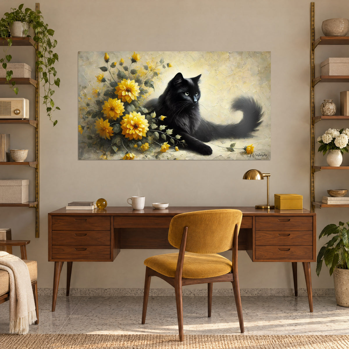 Cuadro retrato de gato color ébano con mirada verde pálido, flores limón y hojas de salvia, colgado sobre un escritorio de madera