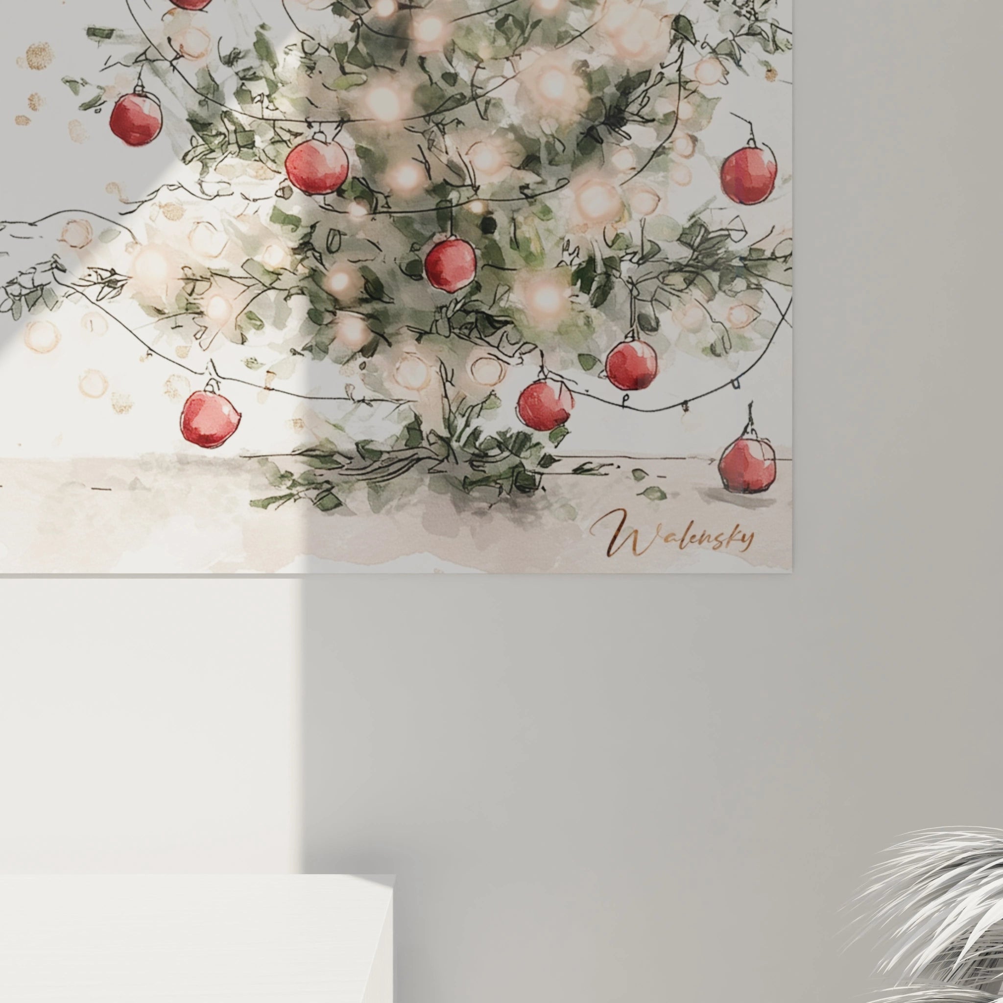 Tableau chat Noël avec un sapin décoré et des lumières scintillantes pour une ambiance festive