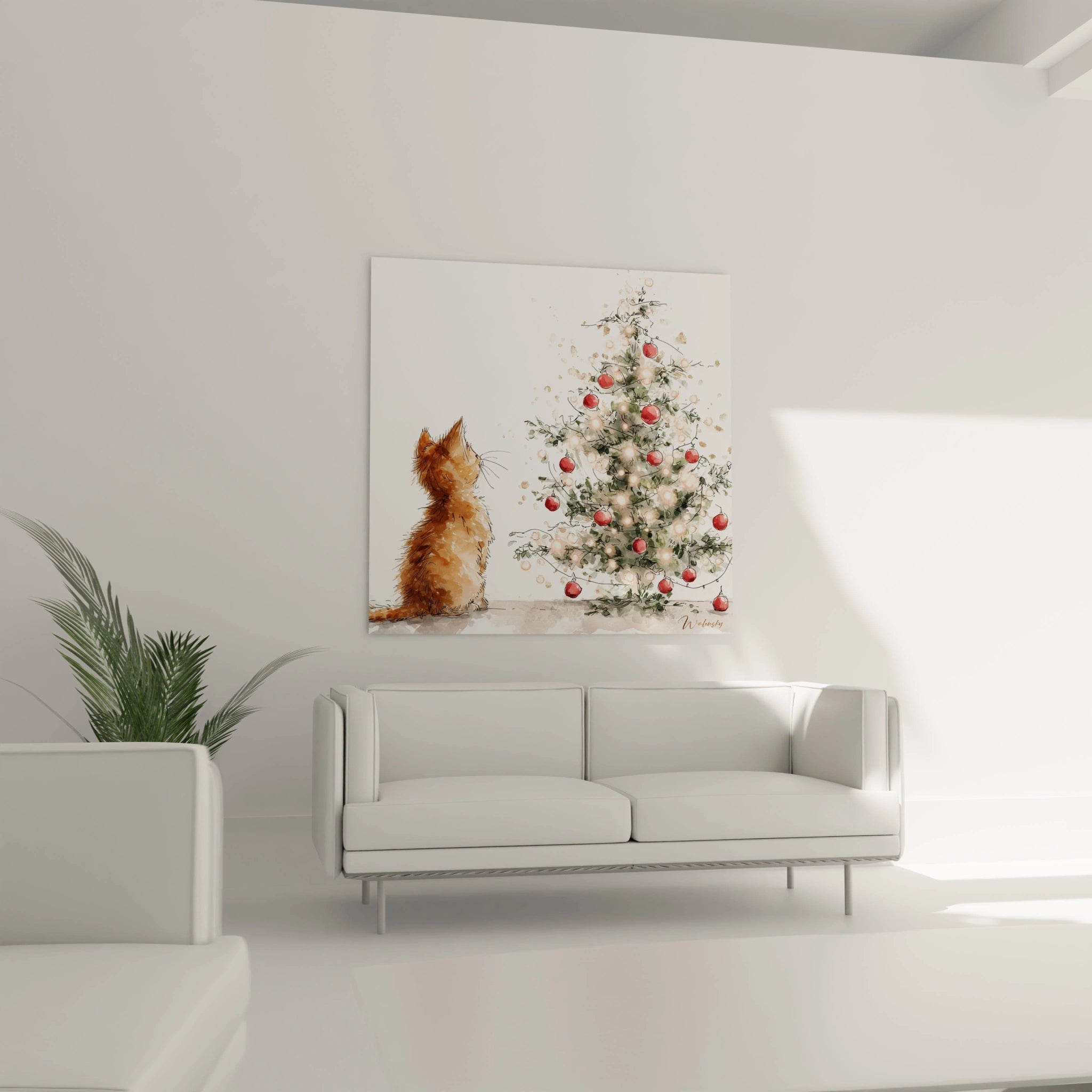 Tableau chat Noël représentant un chat devant un sapin décoré de boules et de guirlandes