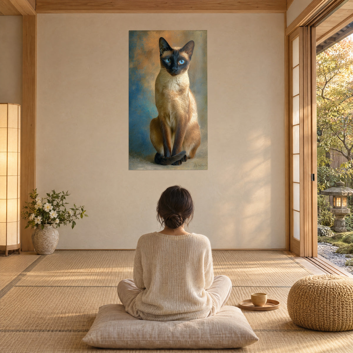 Gemälde aufrecht sitzende Burmesische Katze, dunkelbraune Gesichtsmaske und cremefarbene Brust vor blauem und ockerfarbenem Hintergrund, in einem ruhigen Raum mit großen Fensterfronten