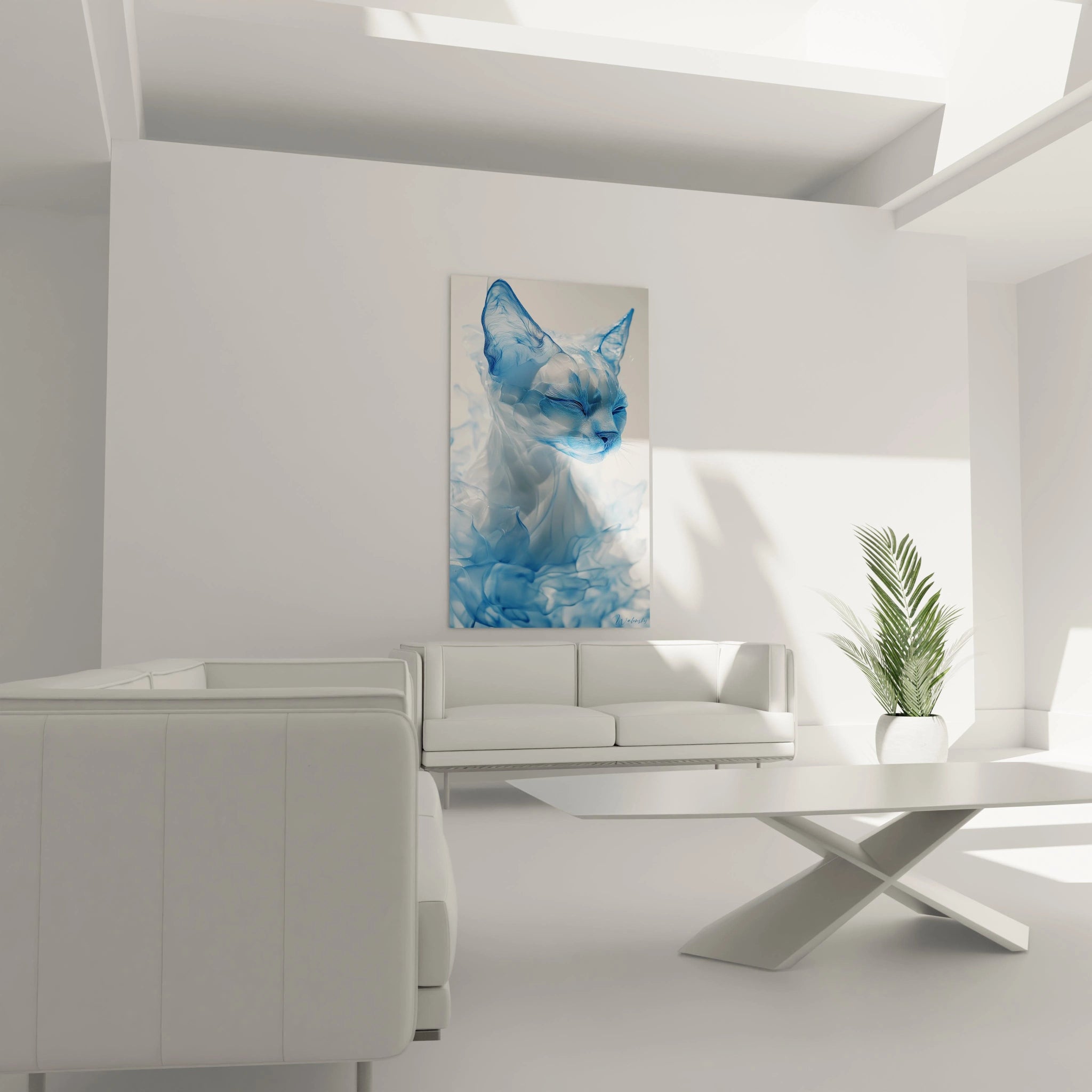 Tableau chat Walensky avec un design bleu stylisé, parfait pour décor moderne