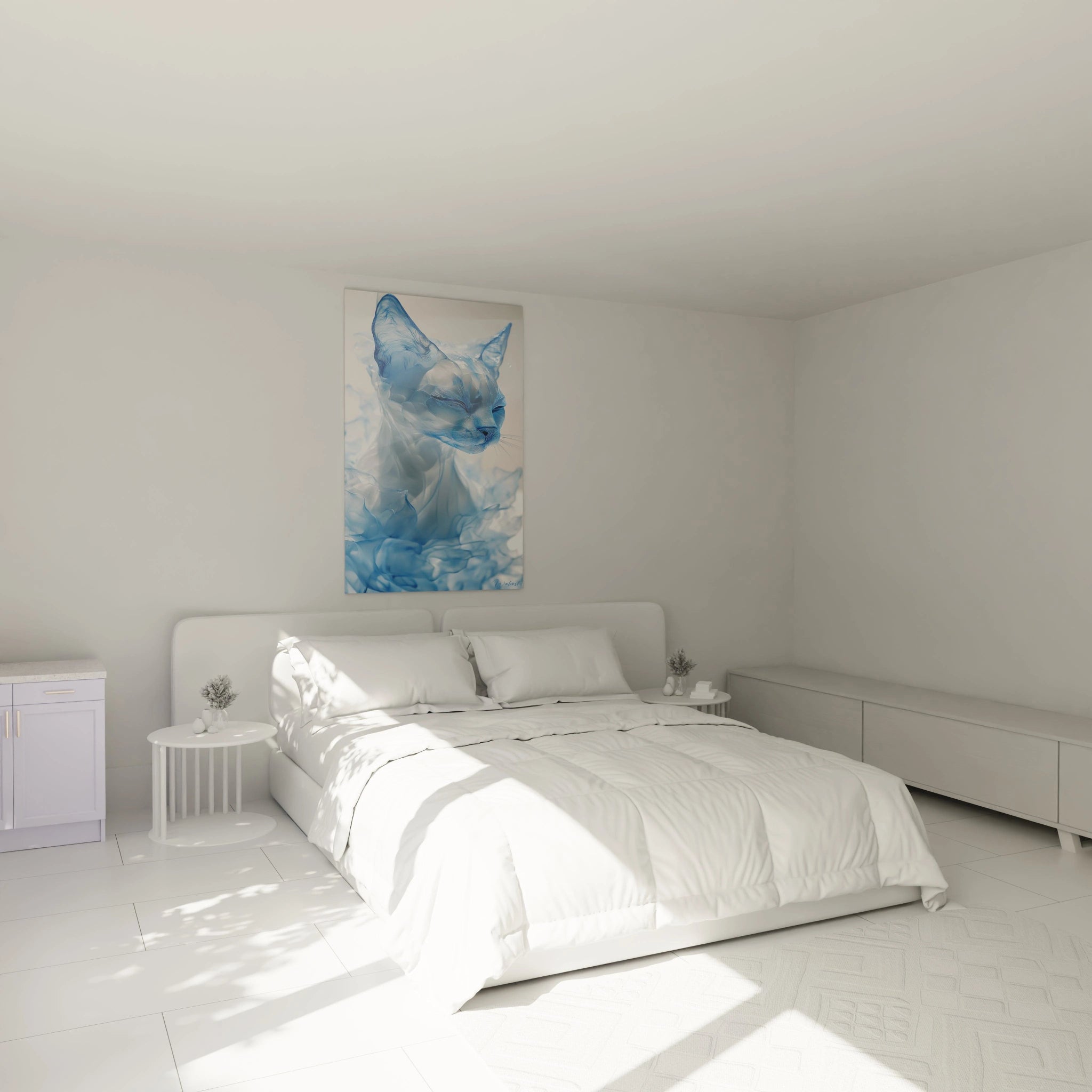 Tableau chat Walensky en bleu sur mur blanc dans une chambre lumineuse et moderne