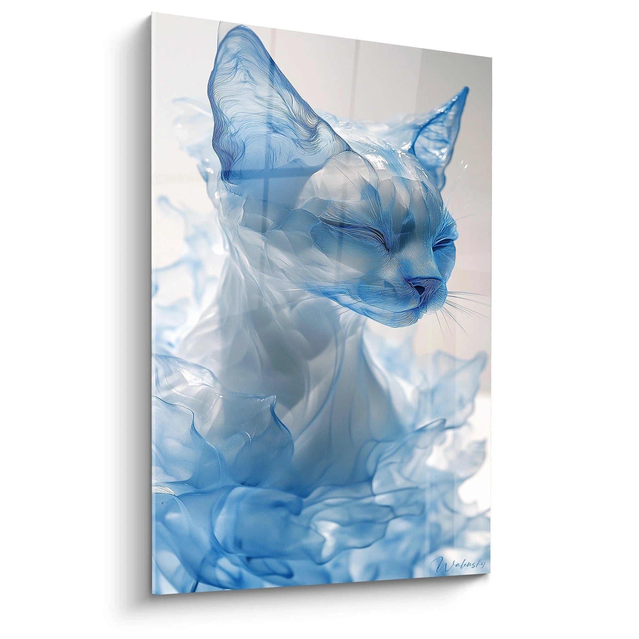 Tableau chat en verre bleu translucide avec des détails élégants et fluides