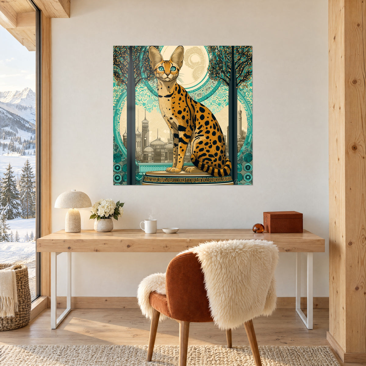 Tableau silhouette féline dorée devant des coupoles et minarets sépia, cadre turquoise, bureau en bois clair et chaise rousse
