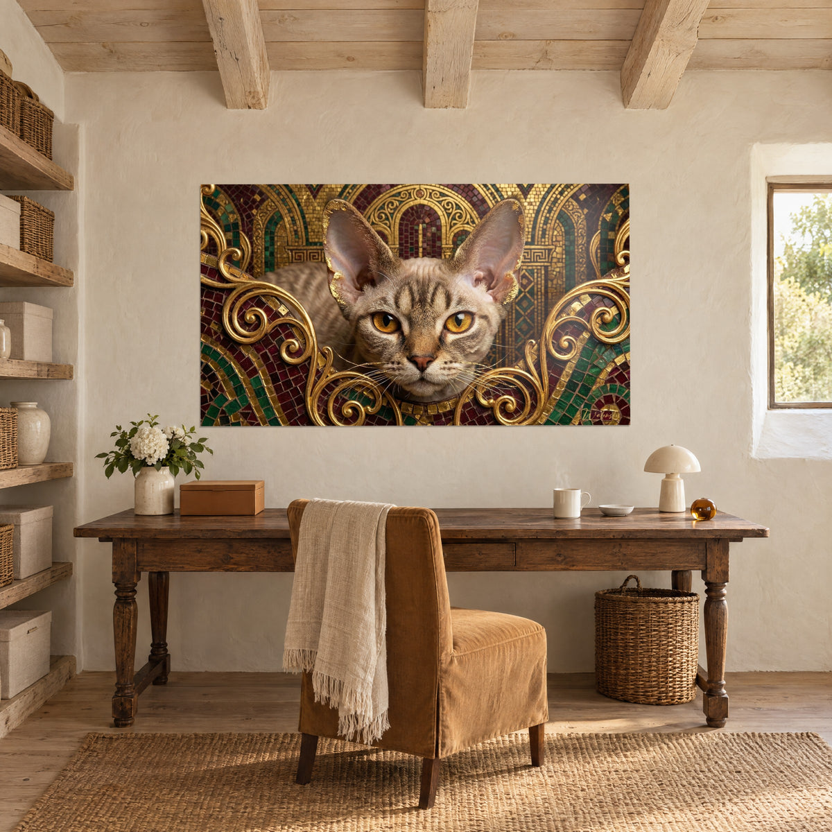Tableau chat Devon rex au pelage rayé beige, regard ambre intense, fond mosaïque rouge vin et or, bureau en bois brut