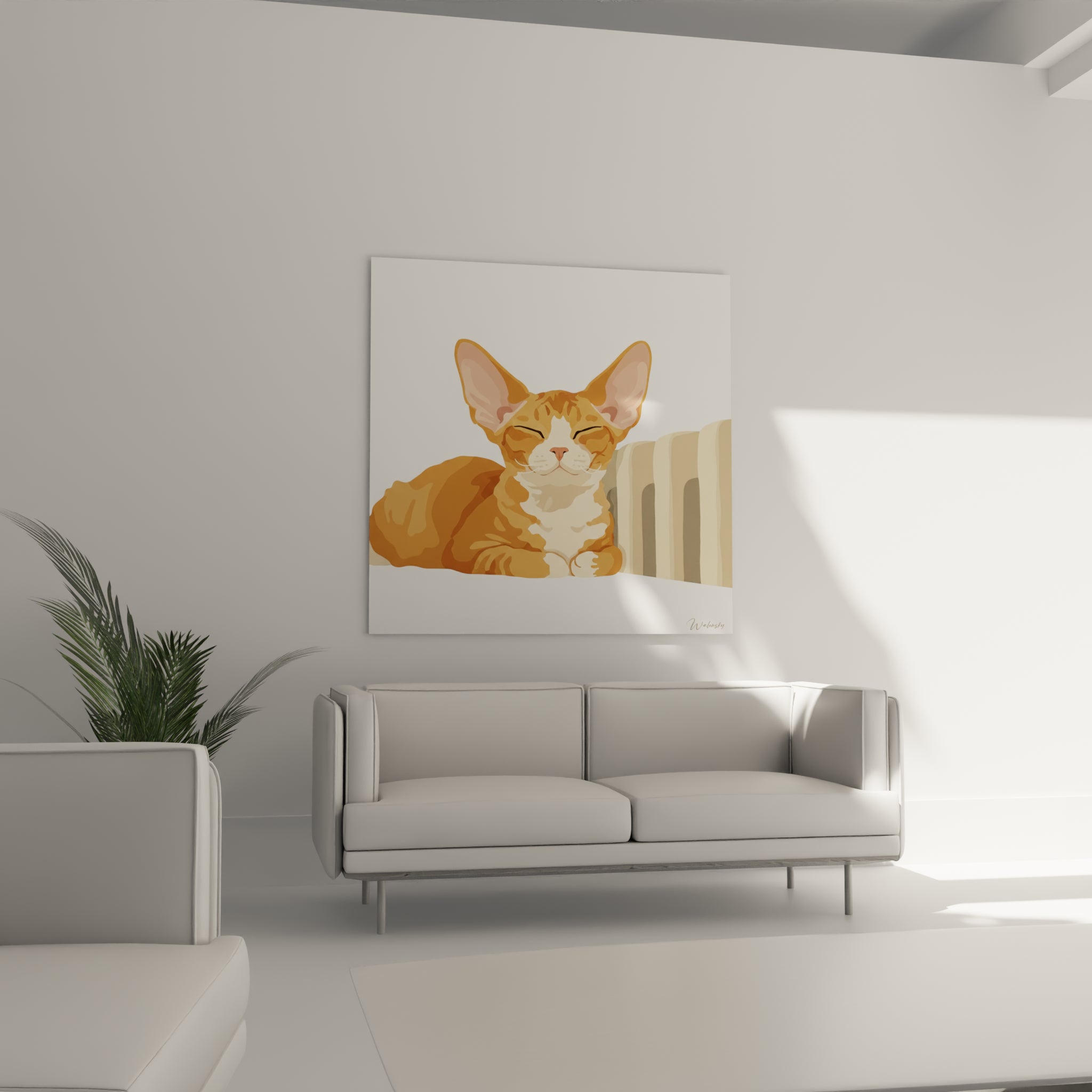 Silhouette du Chat Devon rex roux et beige, accrochée au-dessus d'un canapé dans un salon lumineux