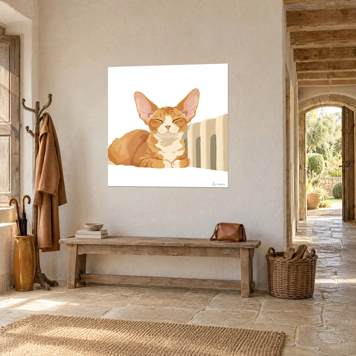 Wall art of a drowsy Devon Rex cat, apricot coat and ivory belly, striped beige radiator, hung in a stone entrance hall
