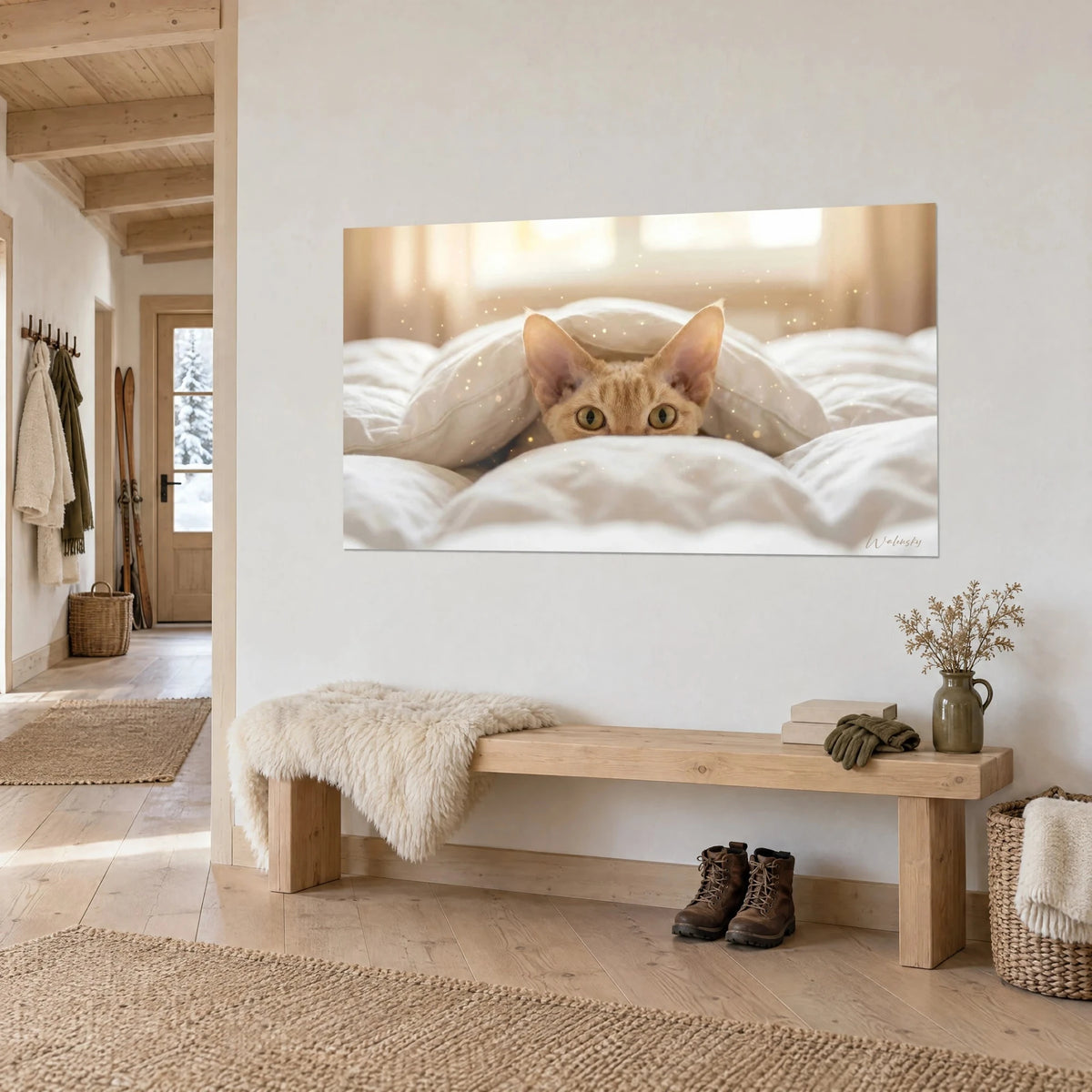 Gemälde einer Devon-Rex-Katze in Aprikosentönung, die zwischen weißen Kissen hervorlugt, goldenes Fensterlicht, helle Holzbank in einer Hütte