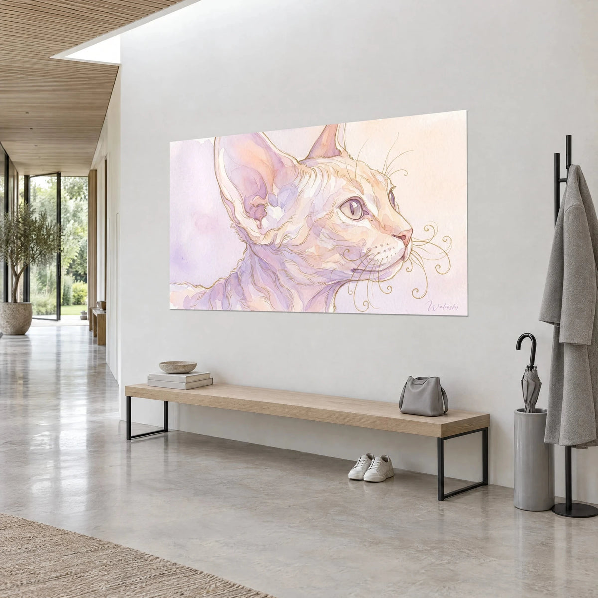Wall art sphynx kitten with curly golden whiskers, pale pink and mauve profile on a cream background, white wall and wooden bench, three-quarter view