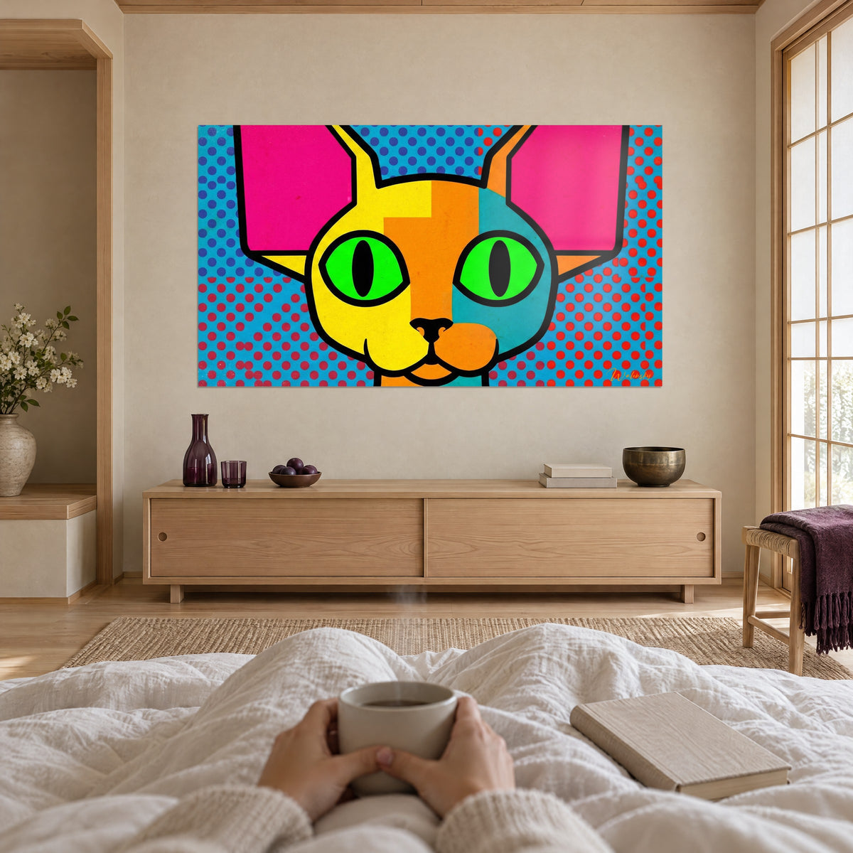 Tableau minou Devon rex aux yeux vert fluo et oreilles roses, fond bleu et rouge, accroché au-dessus d'un lit dans une chambre claire