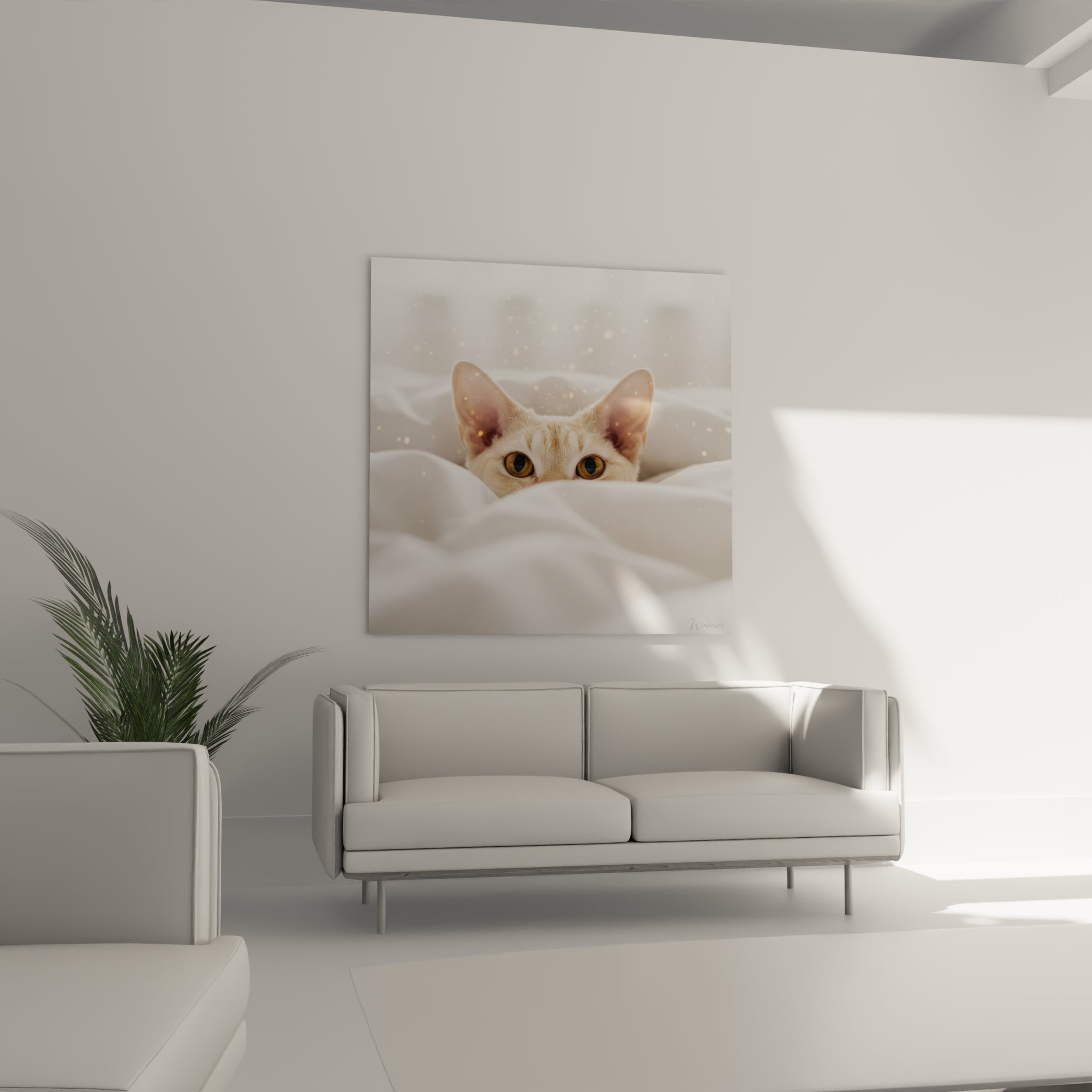 Oreilles et regard ambré d'un Chat Devon rex beige nichés dans le blanc, au-dessus d'un canapé dans un salon lumineux