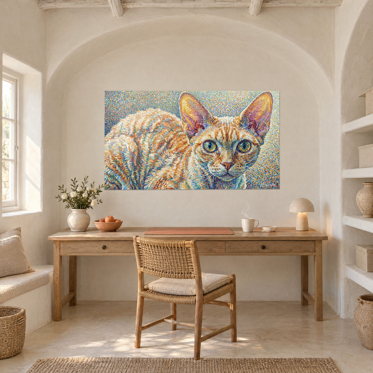 Tableau chat roux aux moustaches blanches et aux oreilles violacées, fond bleu et jaune pointilliste, au-dessus d'un bureau en bois
