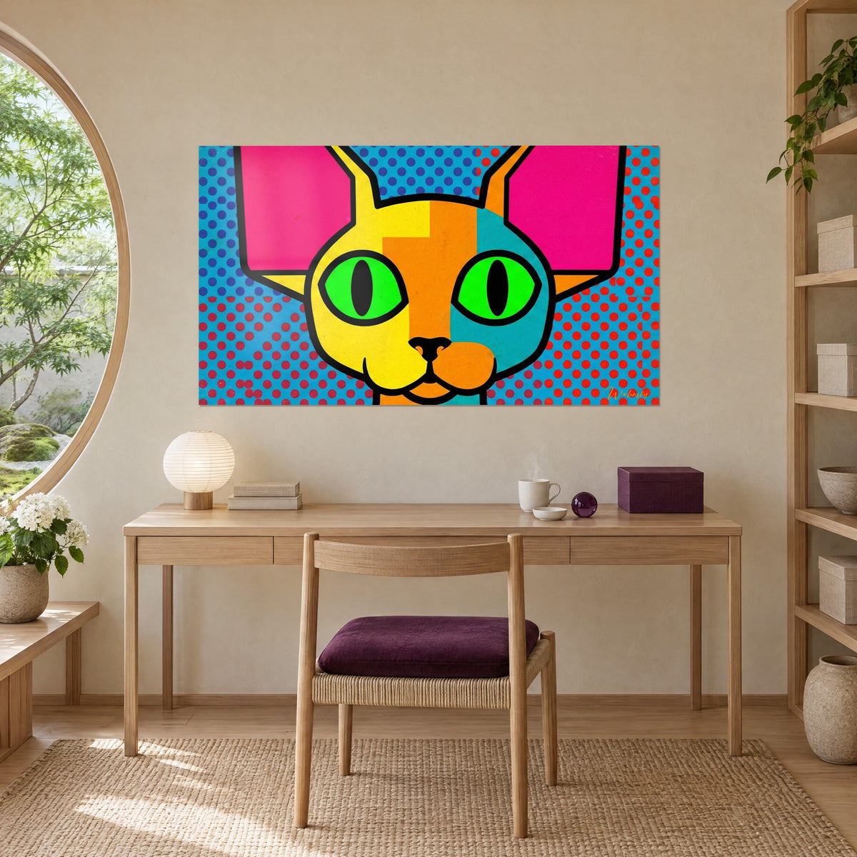 Tableau tête de chat stylisée aux yeux émeraude et oreilles fuchsia, trame de points bleus et rouges, au-dessus d'un bureau en bois clair