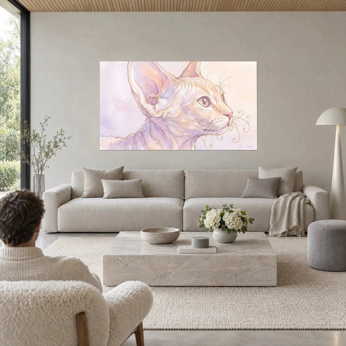 Wall art Devon rex cat in watercolour, large lavender ears and peach skin, gaze turned to the right, above a sofa in a bright living room