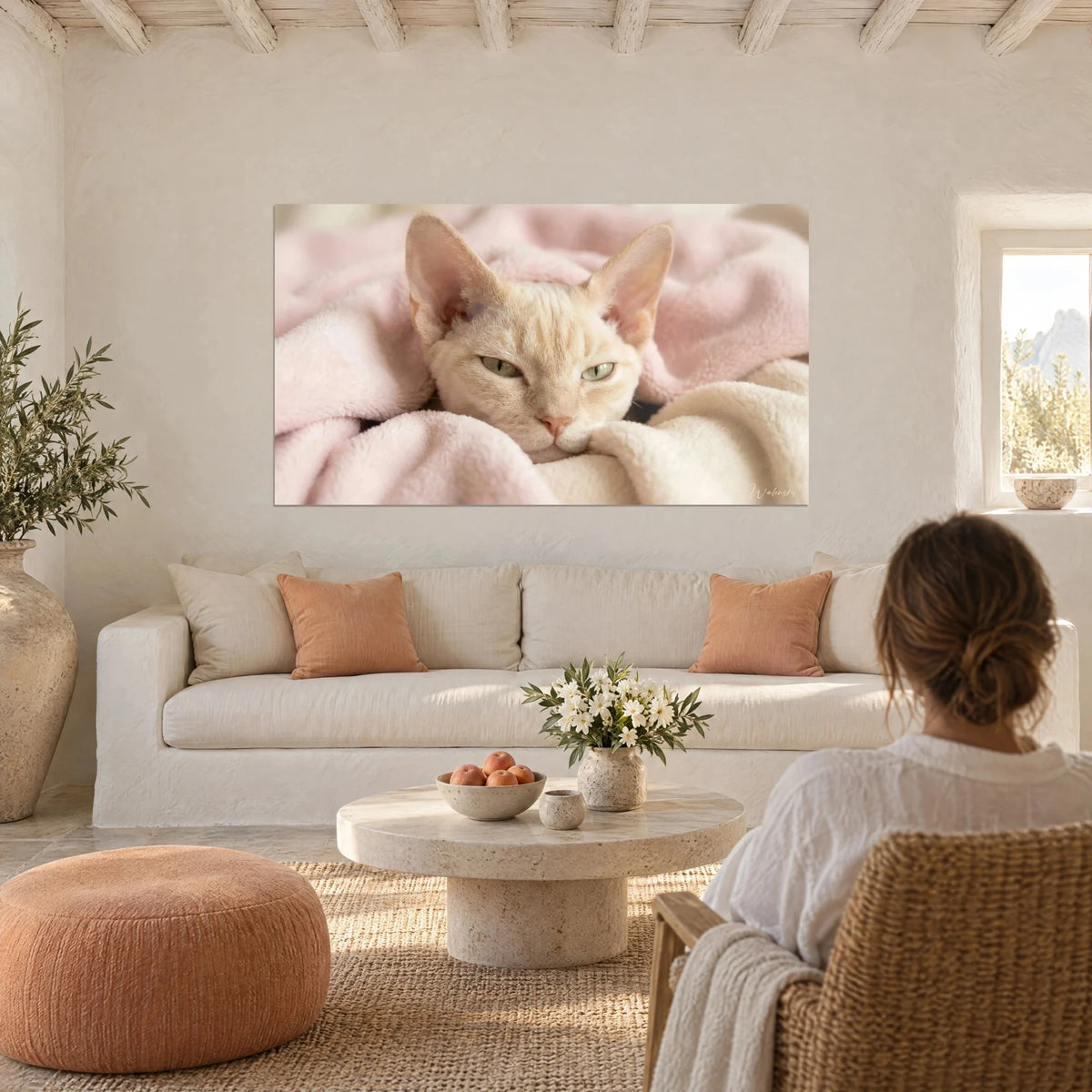 Cuadro gatito Devon rex crema de ojos verdes, acurrucado en una manta rosa, encima de un sofá en un salón luminoso