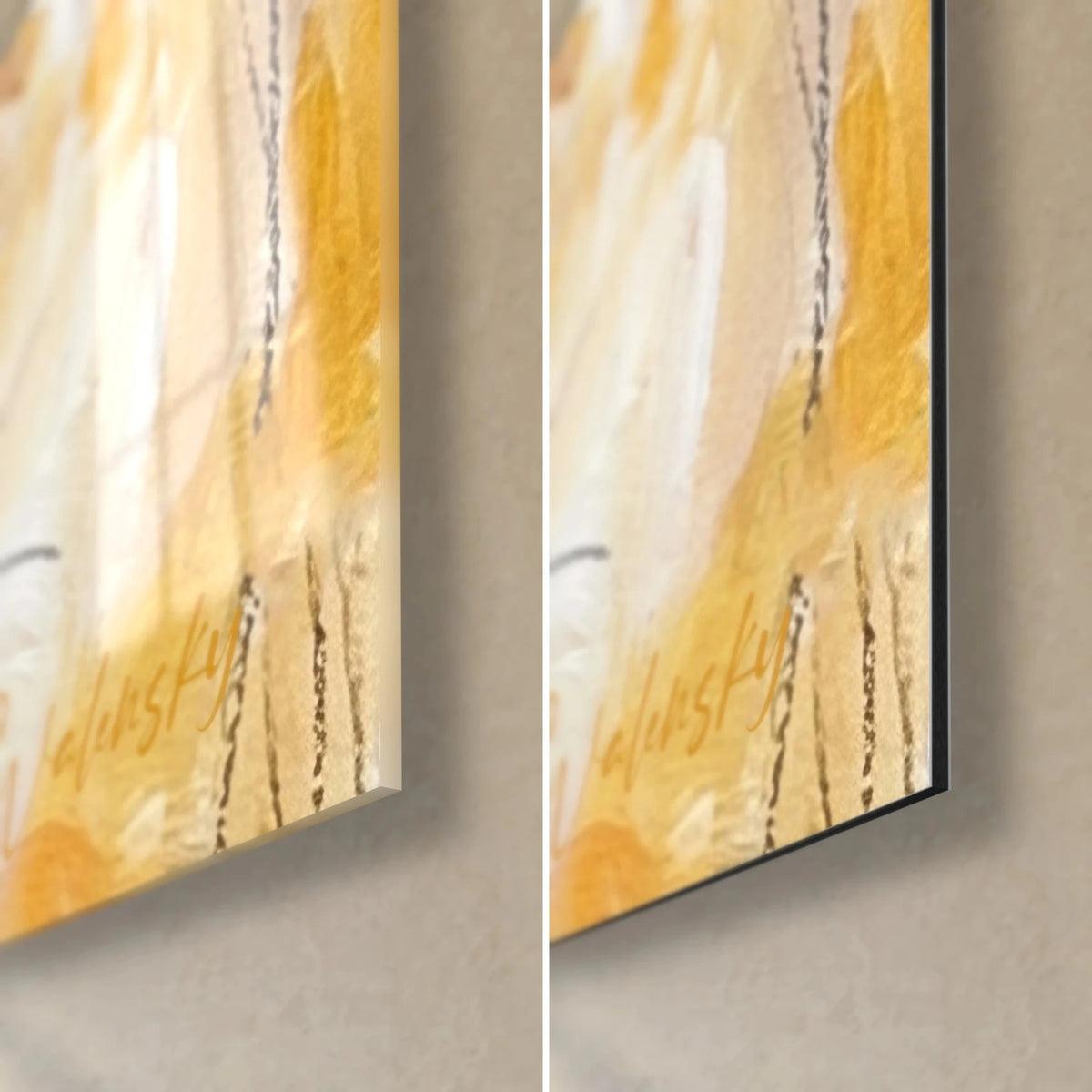 Schilderij Devon rex-katten met gouden snorharen, rechtsonder hoek in glanzend acrylglas en mat Dibond-aluminium, zichtbare rand van 3 mm