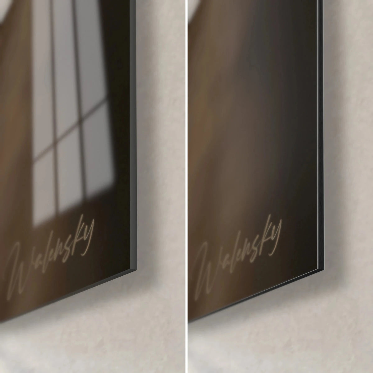 Wall art grey-brown cat portrait, bottom right corner: glossy acrylic glass on the left, matte Dibond on the right, 3 mm edge