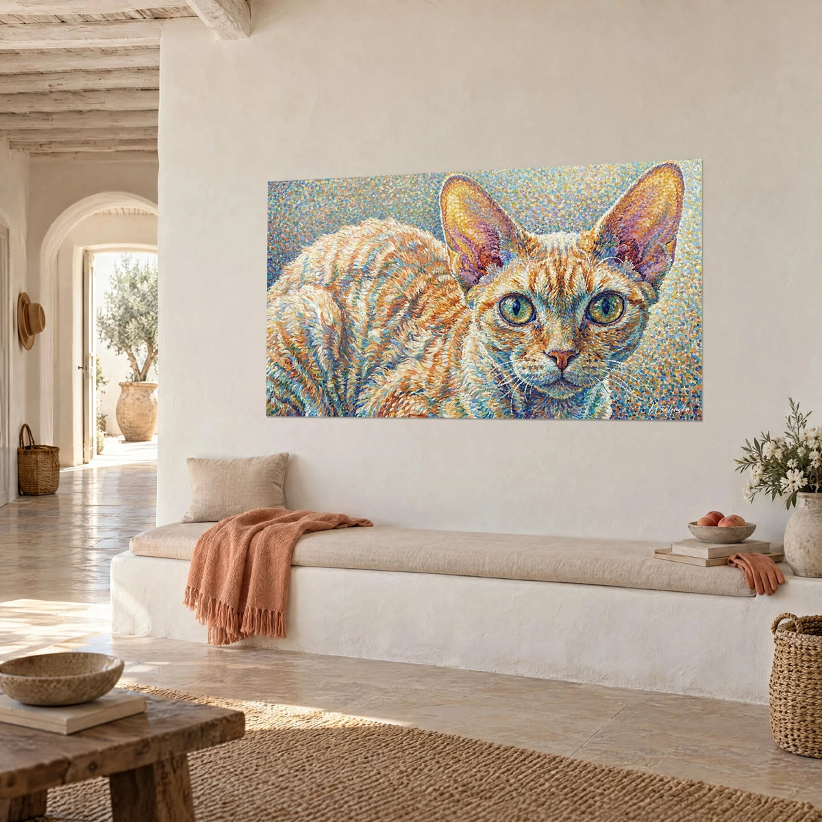 Schilderij roodharige kat met doordringende groene ogen, oranje en turquoise vacht in kleine toetsen, tegen een witte muur, mediterraan huis