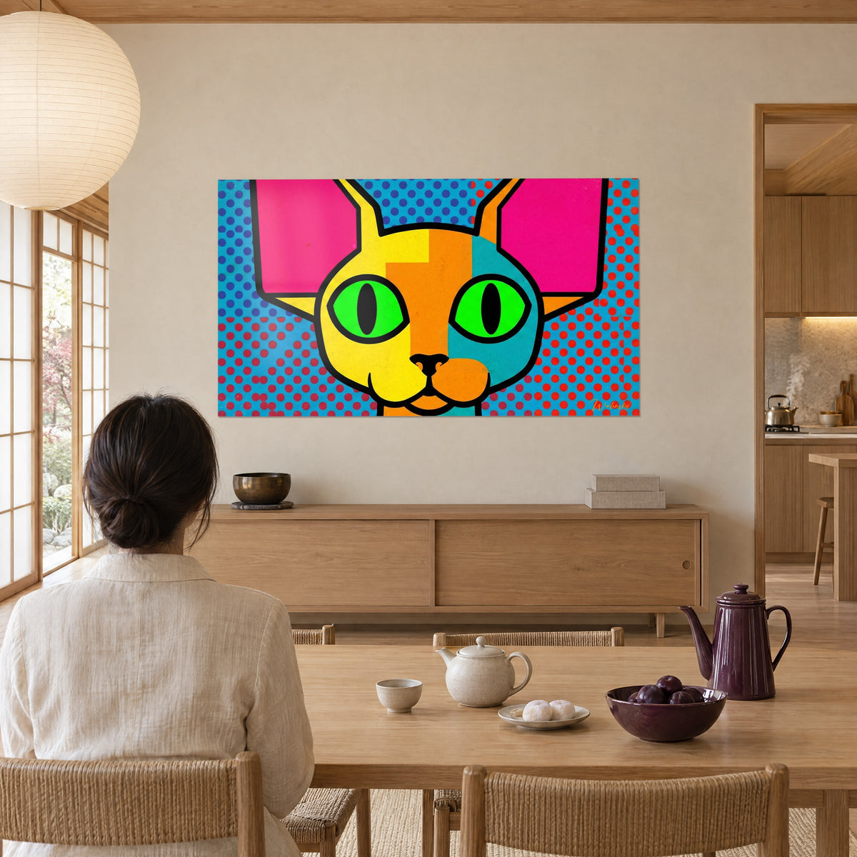 Tableau portrait de chaton pop art orange, jaune et turquoise, regardé de dos depuis une table en bois près d'une théière