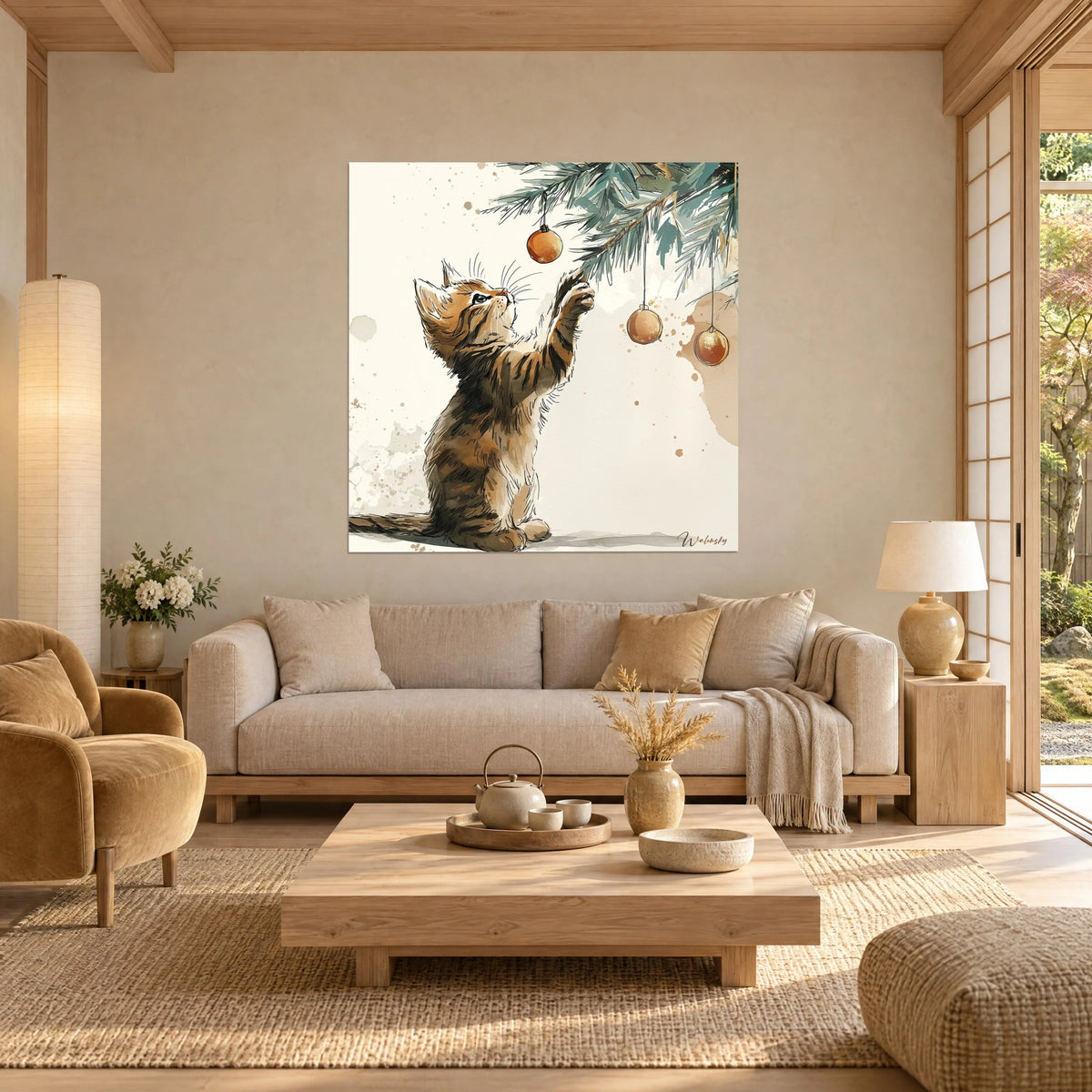 Quadro gattino tigrato ritto sulle zampe posteriori, ramo di abete verde-grigio e palline di rame, sopra un divano in un soggiorno luminoso