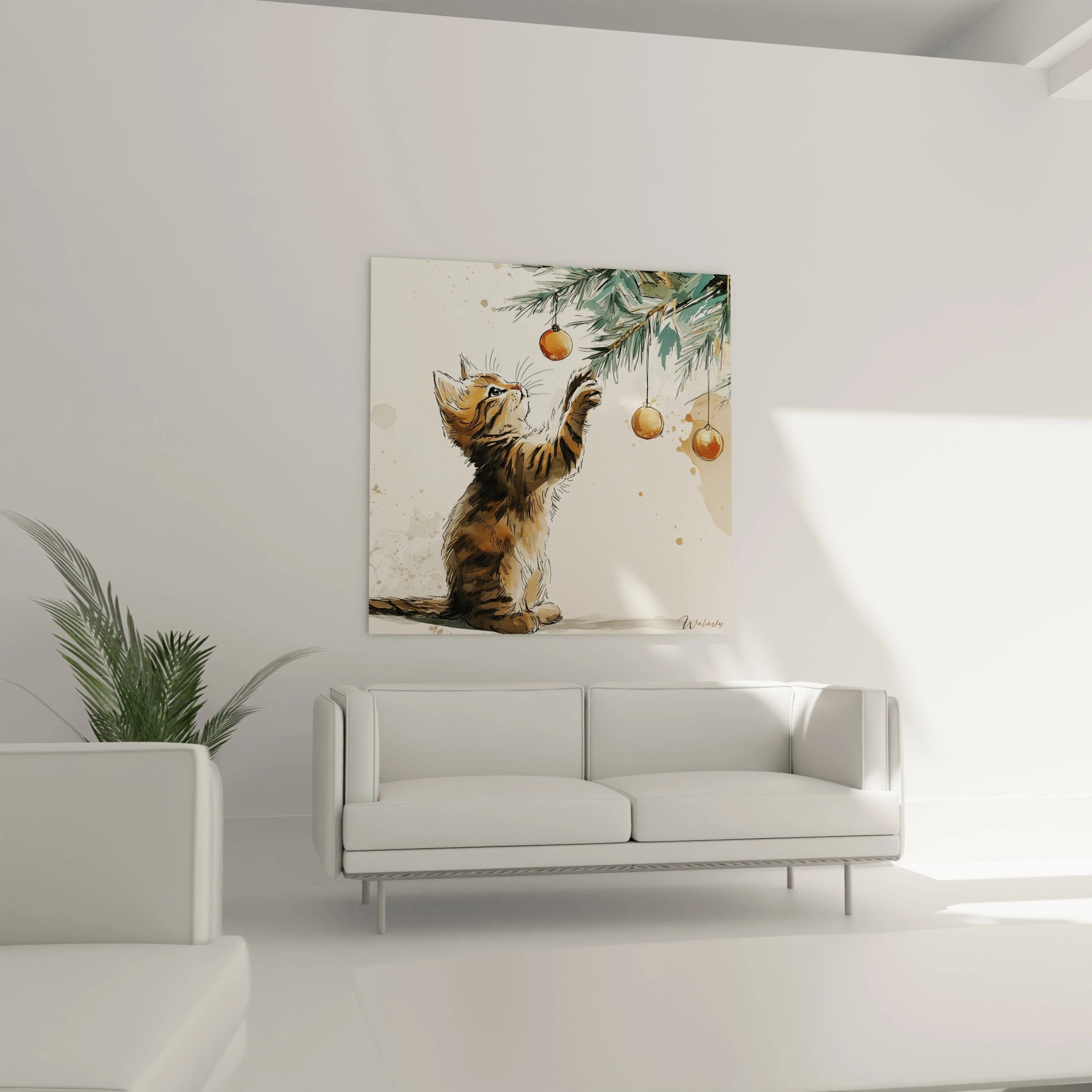 Tableau chat Noël représentant un chaton jouant avec des décorations de Noël sur un sapin