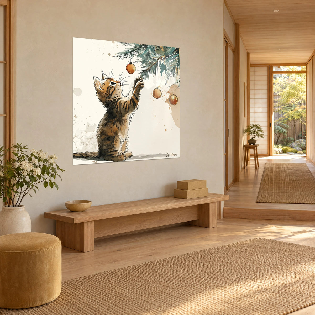Quadro micio rosso rigato di marrone che artiglia una pallina dorata ad acquerello su fondo crema, vista di tre quarti in un ingresso in legno chiaro