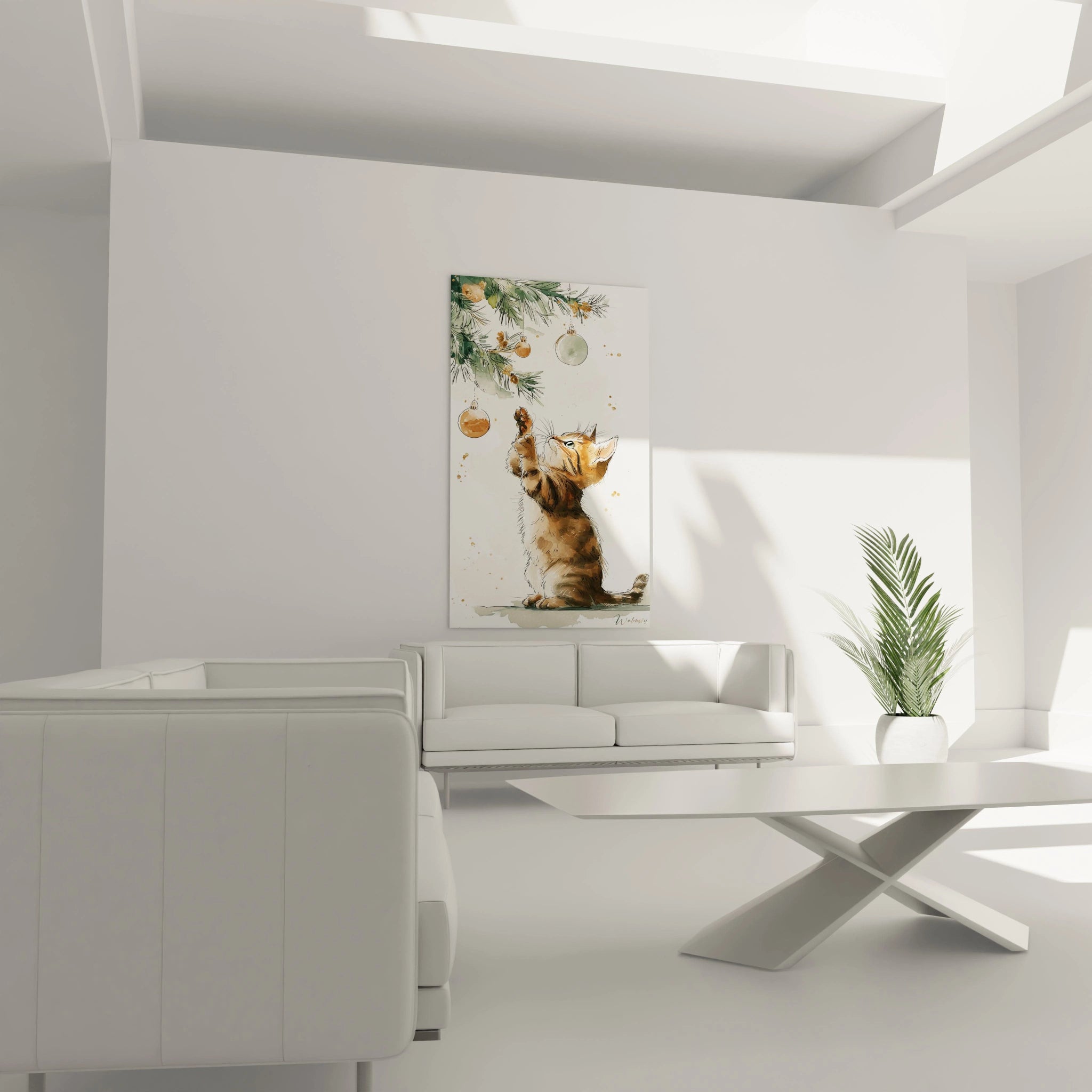Tableau mural chat noel représentant un chat jouant avec des décorations de Noël