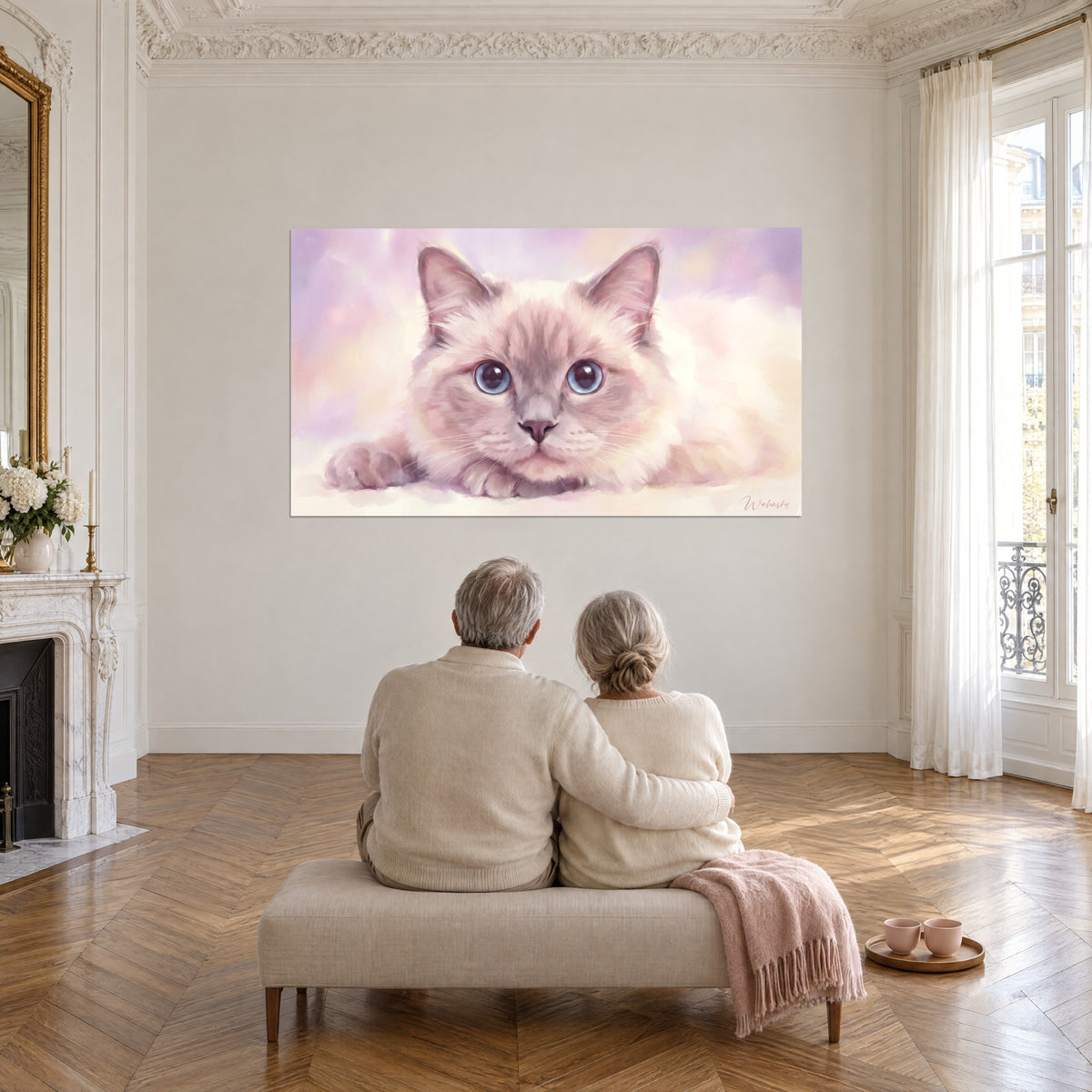 Πίνακας γάτα Angora, τρίχωμα λιλά και βανίλιας, παρατηρούμενη από ένα αγκαλιασμένο ζευγάρι σε σαλόνι Haussmann