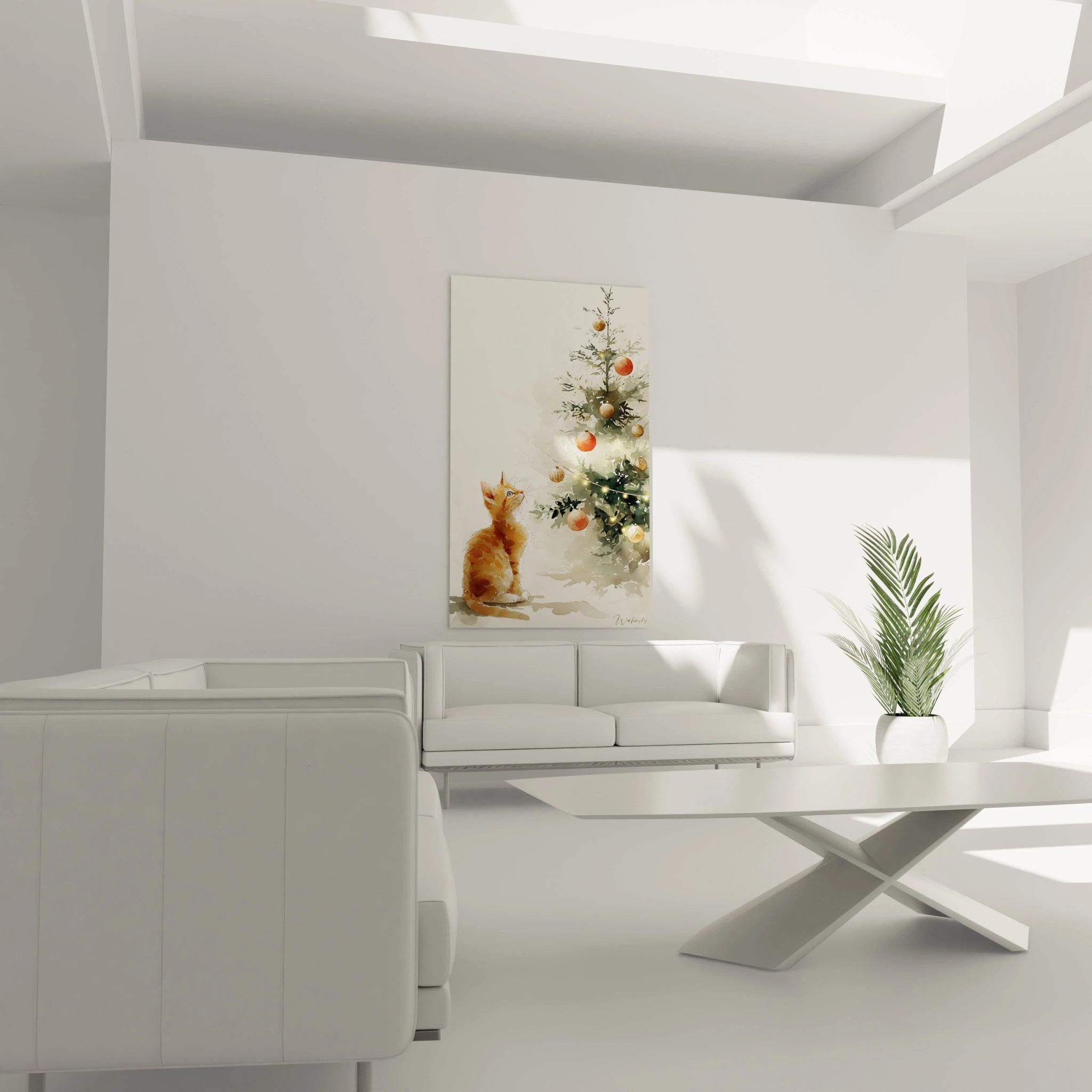 Tableau chat Noël avec un chat proche d'un sapin décoré dans un salon moderne