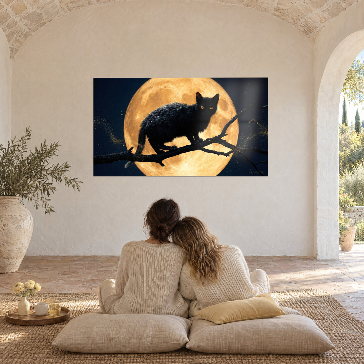 Schilderij miniatuurzwarte panter neergestreken op een takje, gouden volle maan en sterrenstof, omhelsd koppel van achteren op kussens