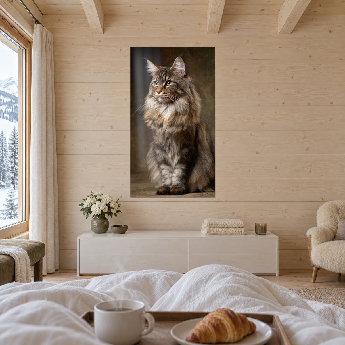 Schilderij majestueuze kat met penseelachtige oren, beige en grijze vacht, besneeuwde chalet, boven een bed in een lichte slaapkamer