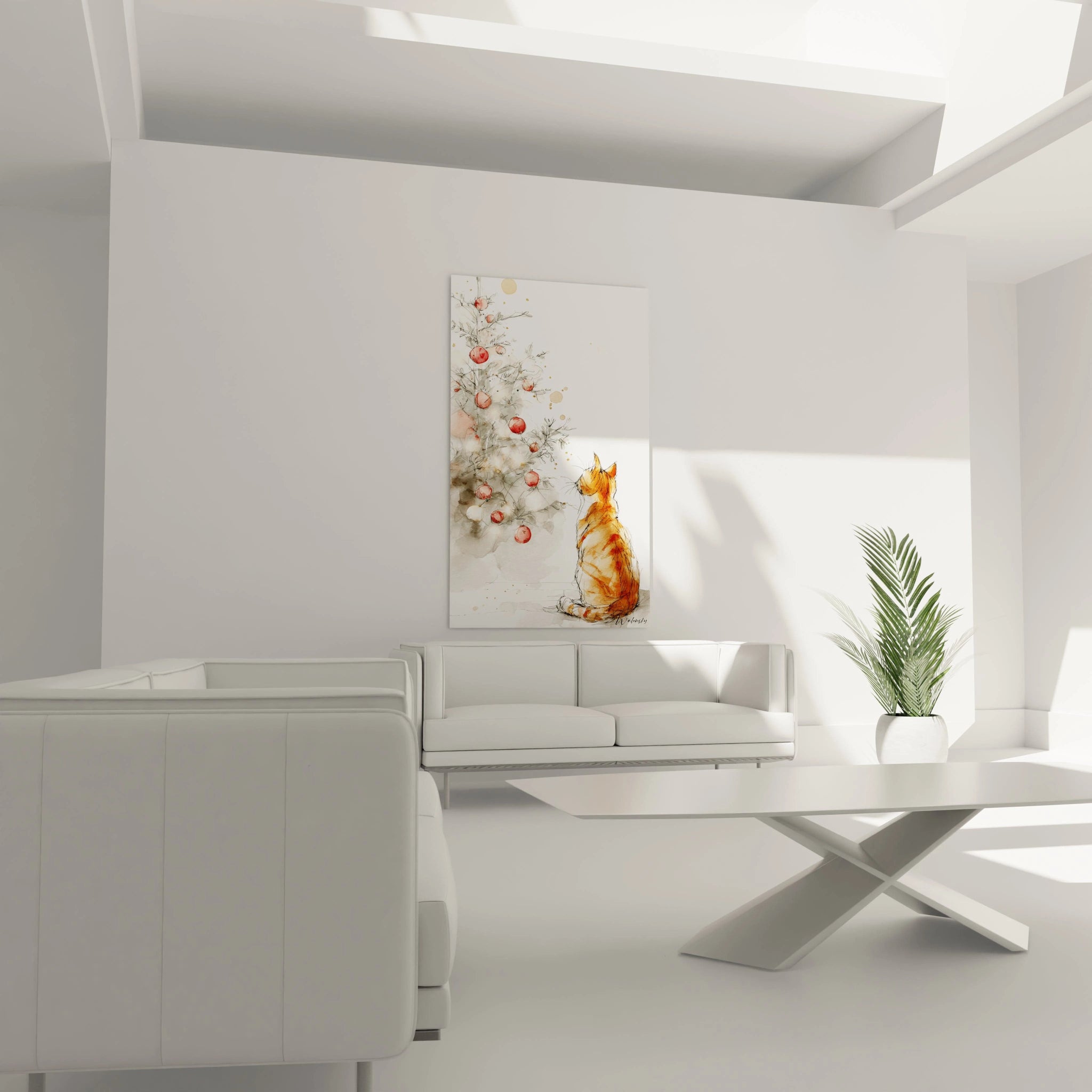 Tableau chat Noël représentant un chat observant un sapin décoré dans un salon moderne