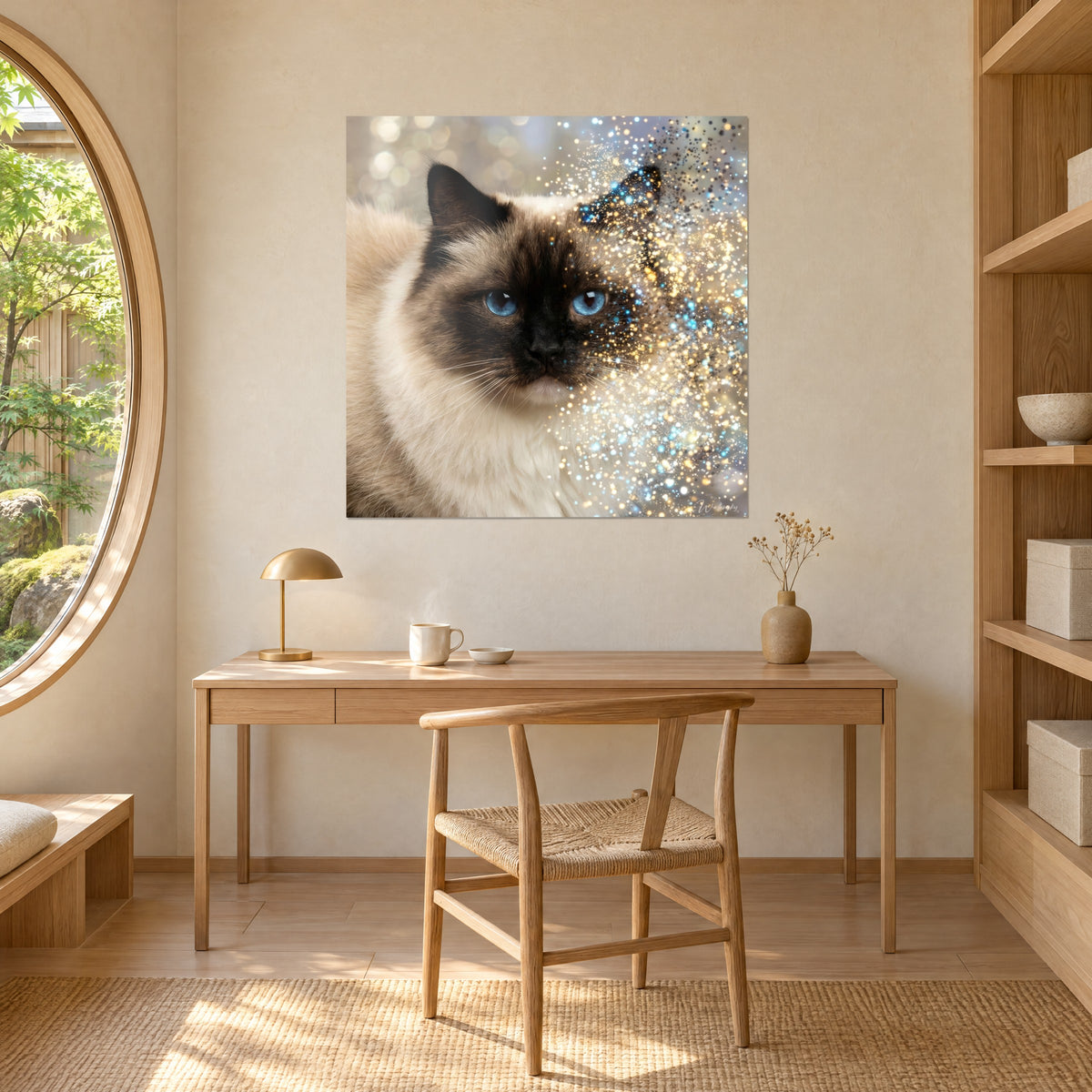 Obraz syjamski kotek o turkusowych oczach, złote i lodowo niebieskie bokeh, jasne drewniane biurko, mosiężna lampa, blond regał