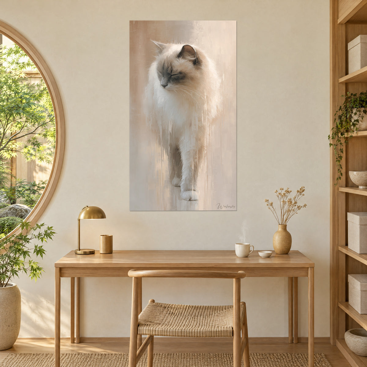 Πίνακας γάτου angora με χνουδωτό λευκό και ανοιχτό καραμελέ τρίχωμα, σκυμμένο κεφάλι, φωτισμένος από μπρούντζινη λάμπα σε δρύινο γραφείο
