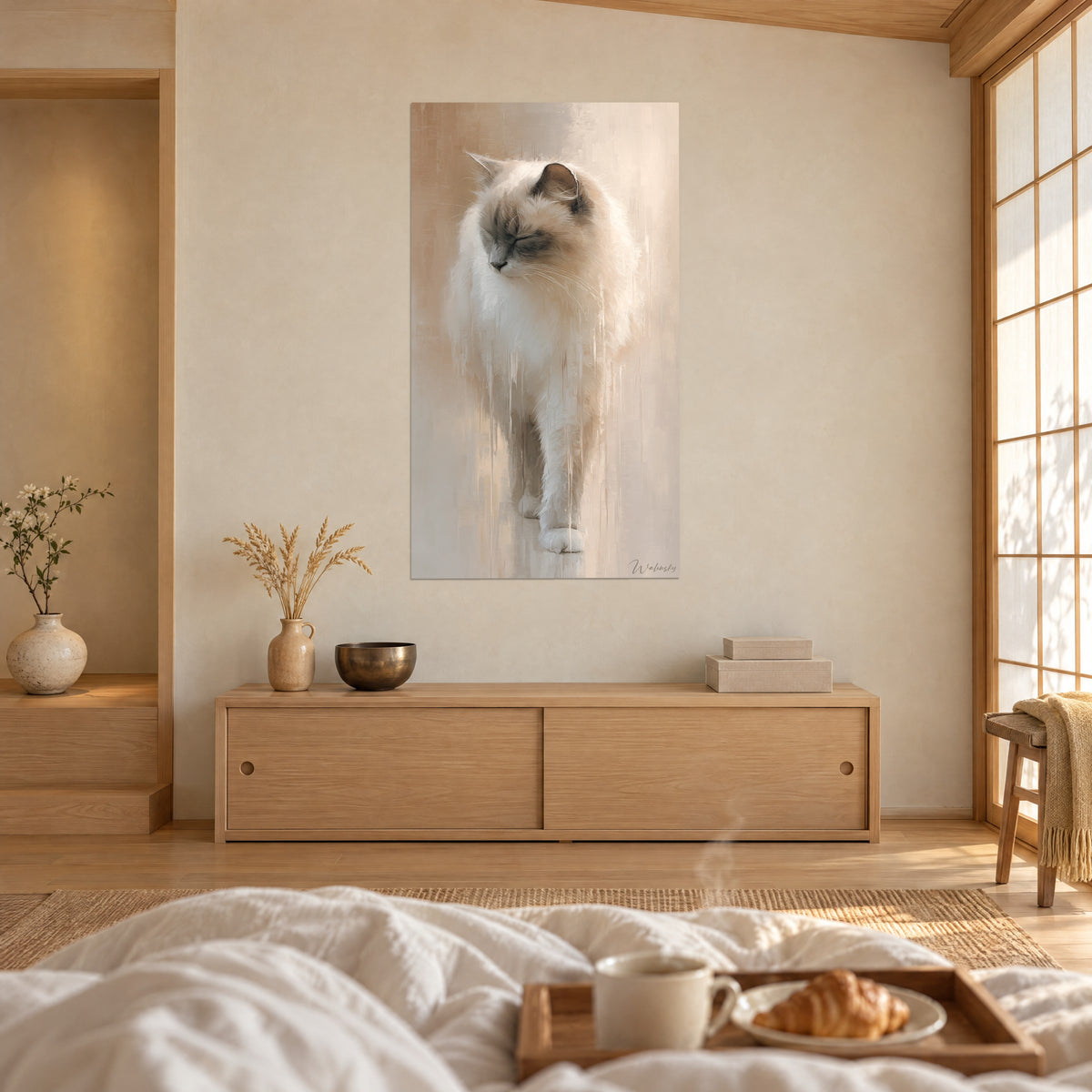 Πίνακας γάτας ragdoll με μάσκα σε χρώμα σχιστόλιθου και κρεμώδη λευκό τρίχωμα, λιωμένα αντανακλαστικά χρώματος, πάνω από κρεβάτι σε φωτεινή κρεβατοκάμαρα