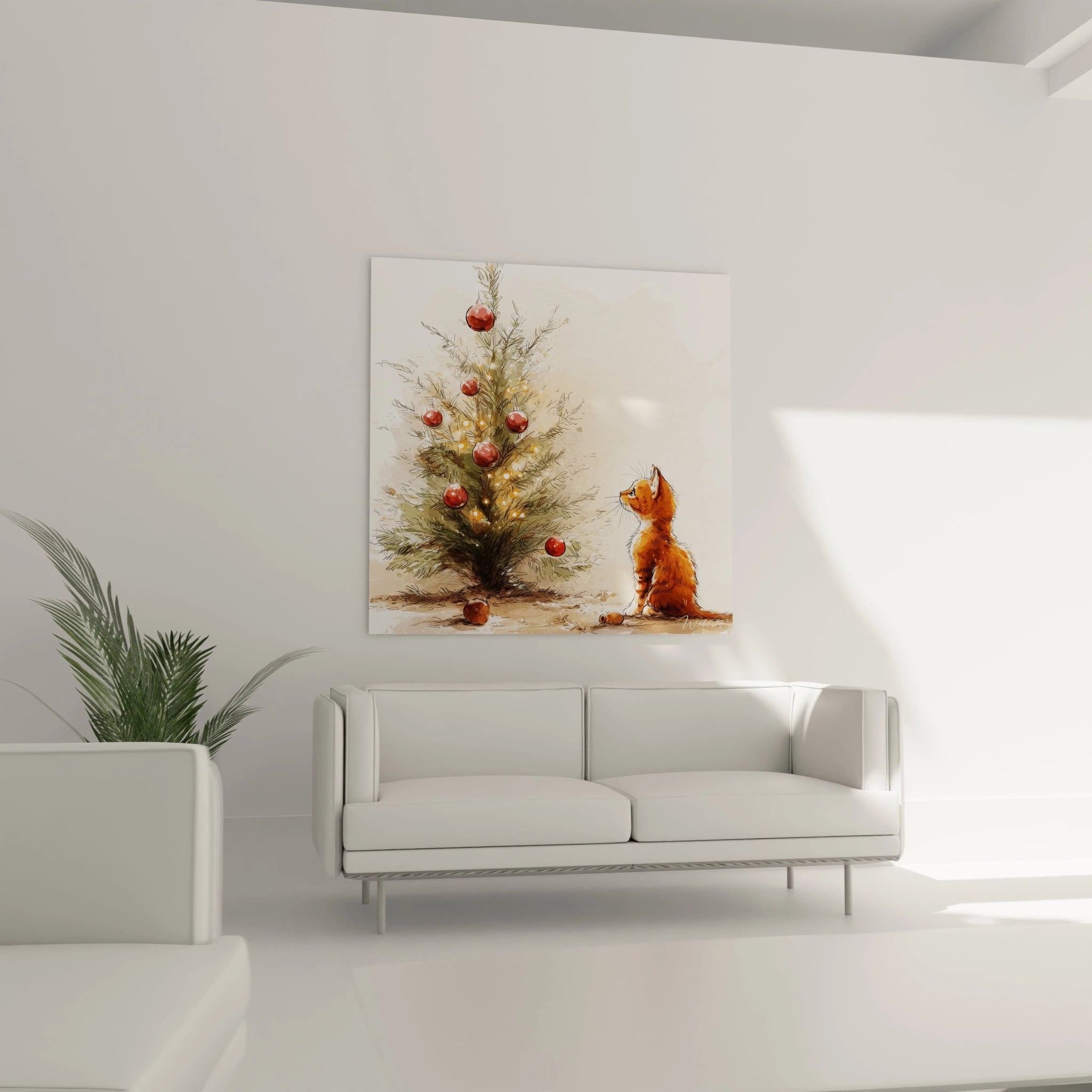 Tableau chat roux Noël avec un arbre de Noël décoré dans un intérieur moderne