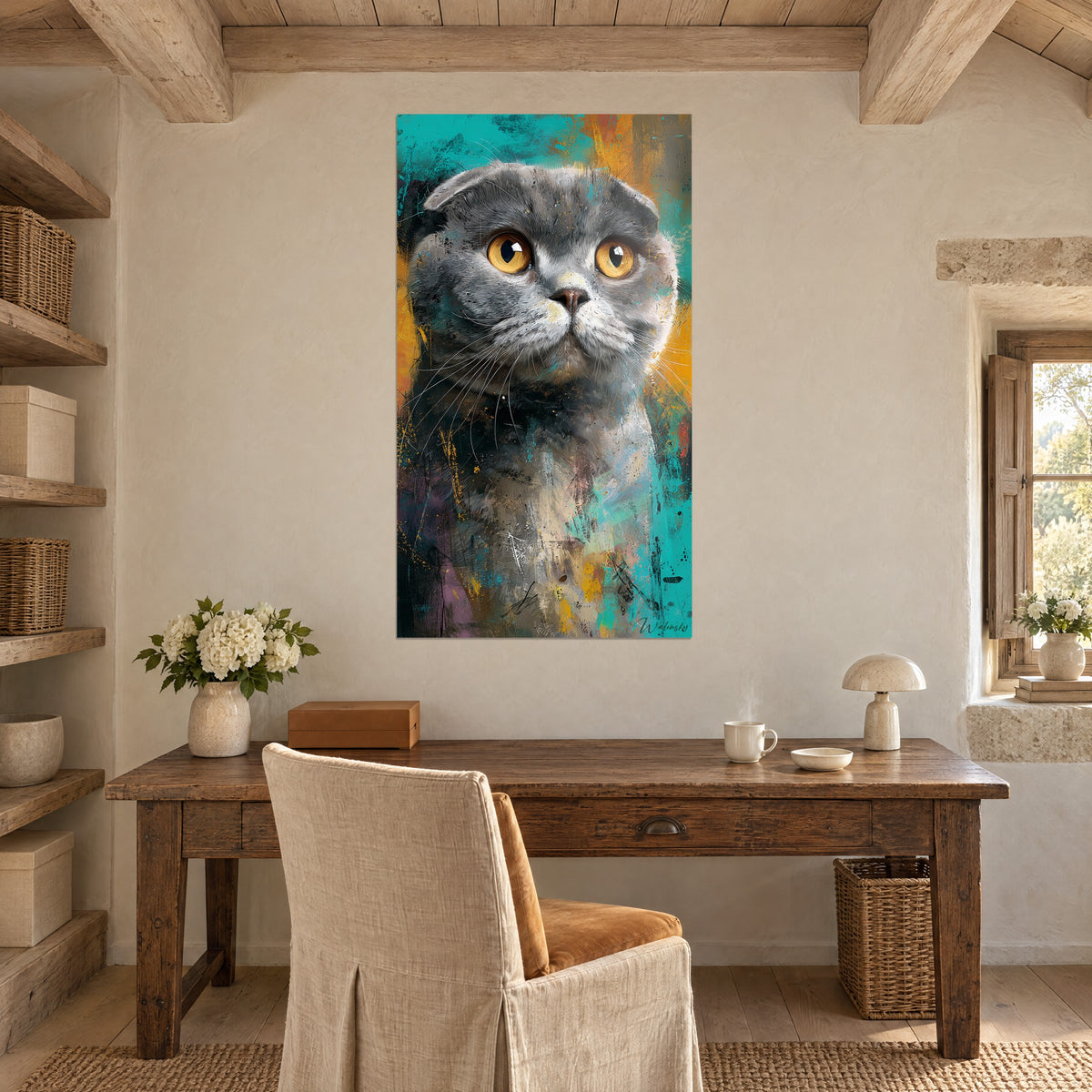 Obraz kocura Scottish Fold o różowym pysku, białych wąsach, turkusowych i żółtych chlapnięciach, nad drewnianym biurkiem