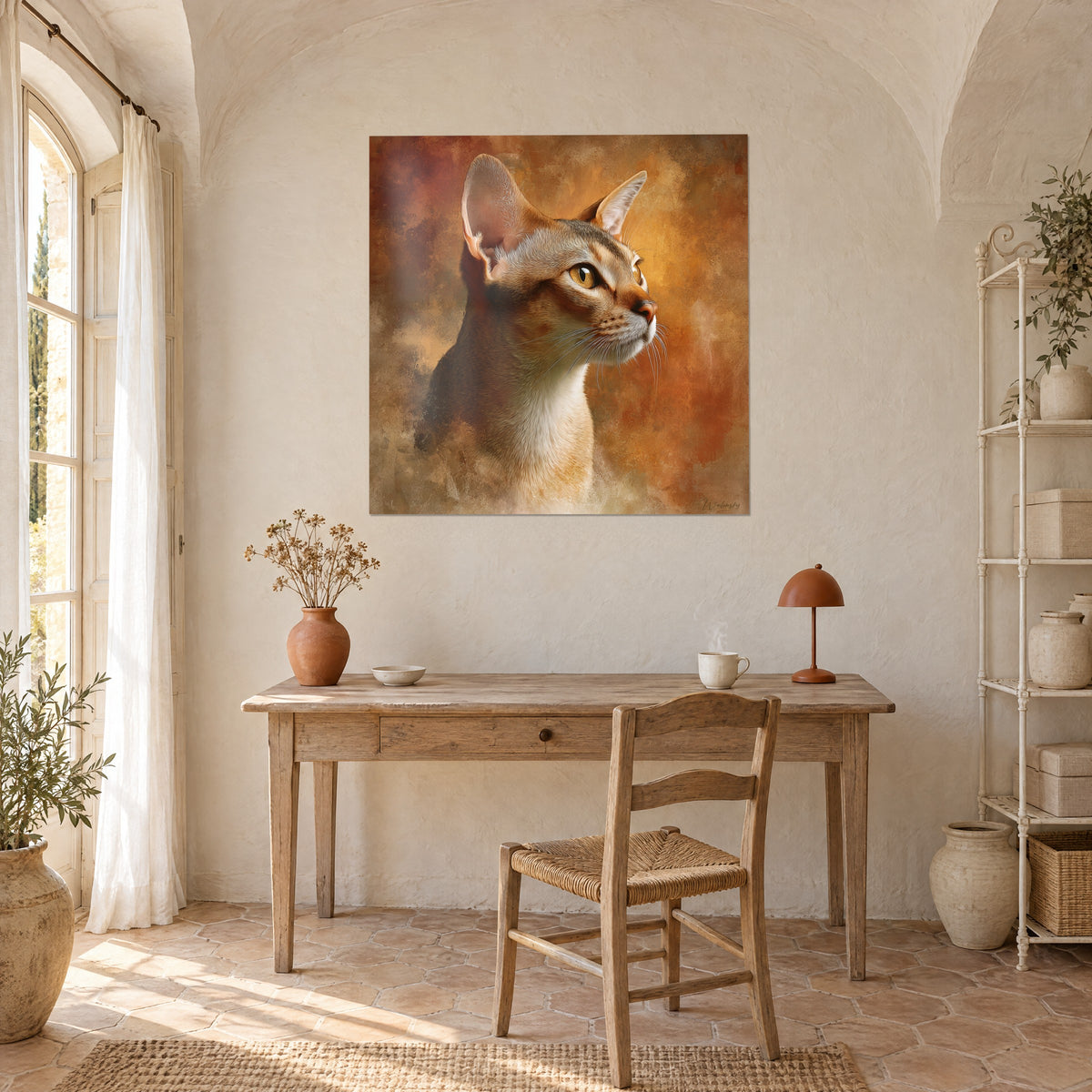 Πίνακας πορτρέτο γάτας σε χρώμα άμμου και terracotta, κίτρινο βλέμμα στραμμένο ψηλά, κρεμασμένος στον λευκό τοίχο γραφείου με ανοιχτόχρωμο ξύλο και ψάθινα έπιπλα