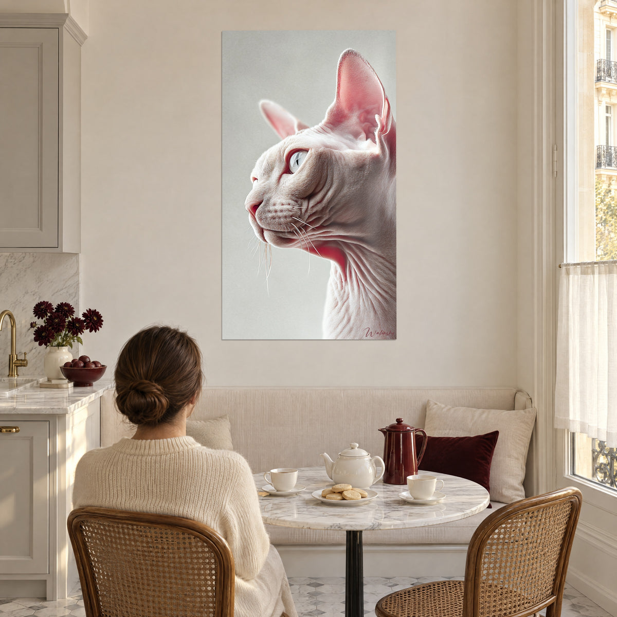 Cuadro gato sin pelo con pliegues del cuello modelados, rosa tierno y blanco crema, pareja de espaldas frente a su mesa de desayuno