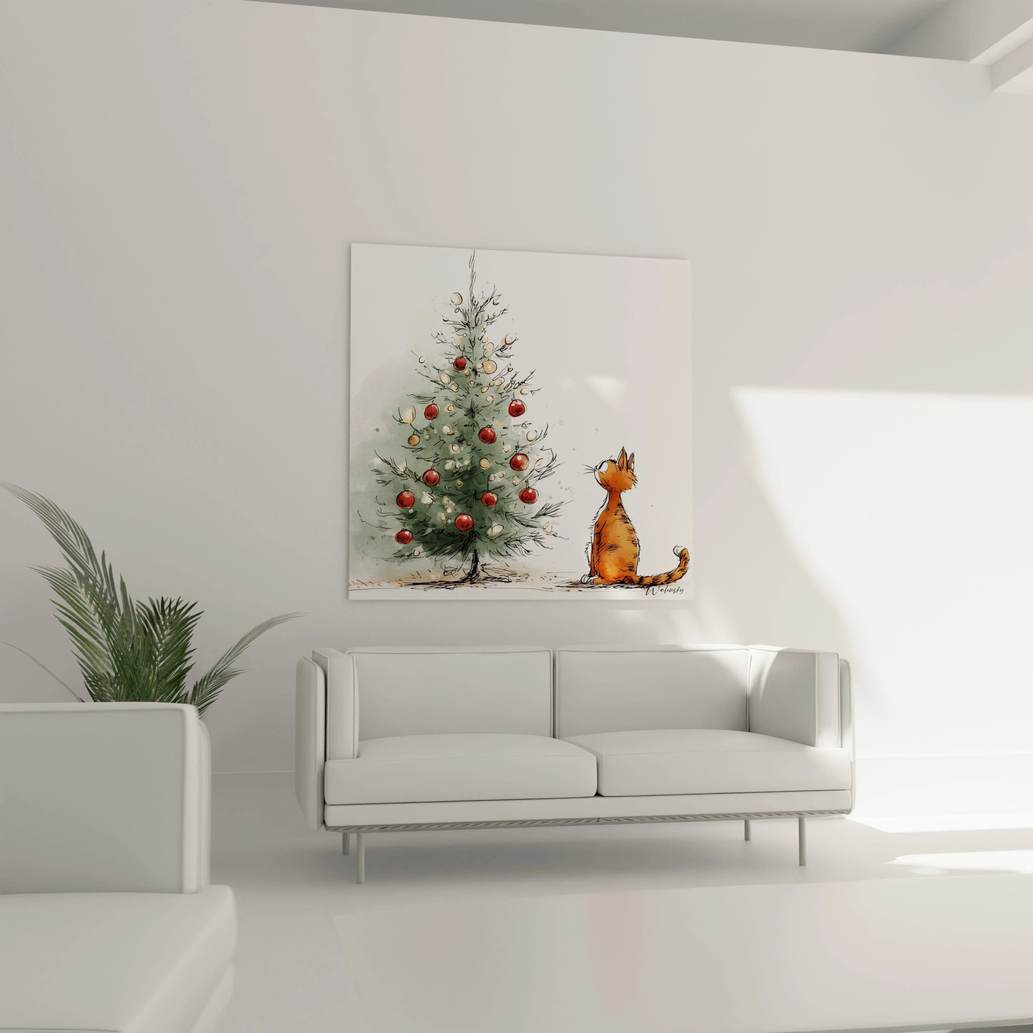 Tableau chat Noël avec un chat orange devant un sapin de Noël décoré dans un salon moderne