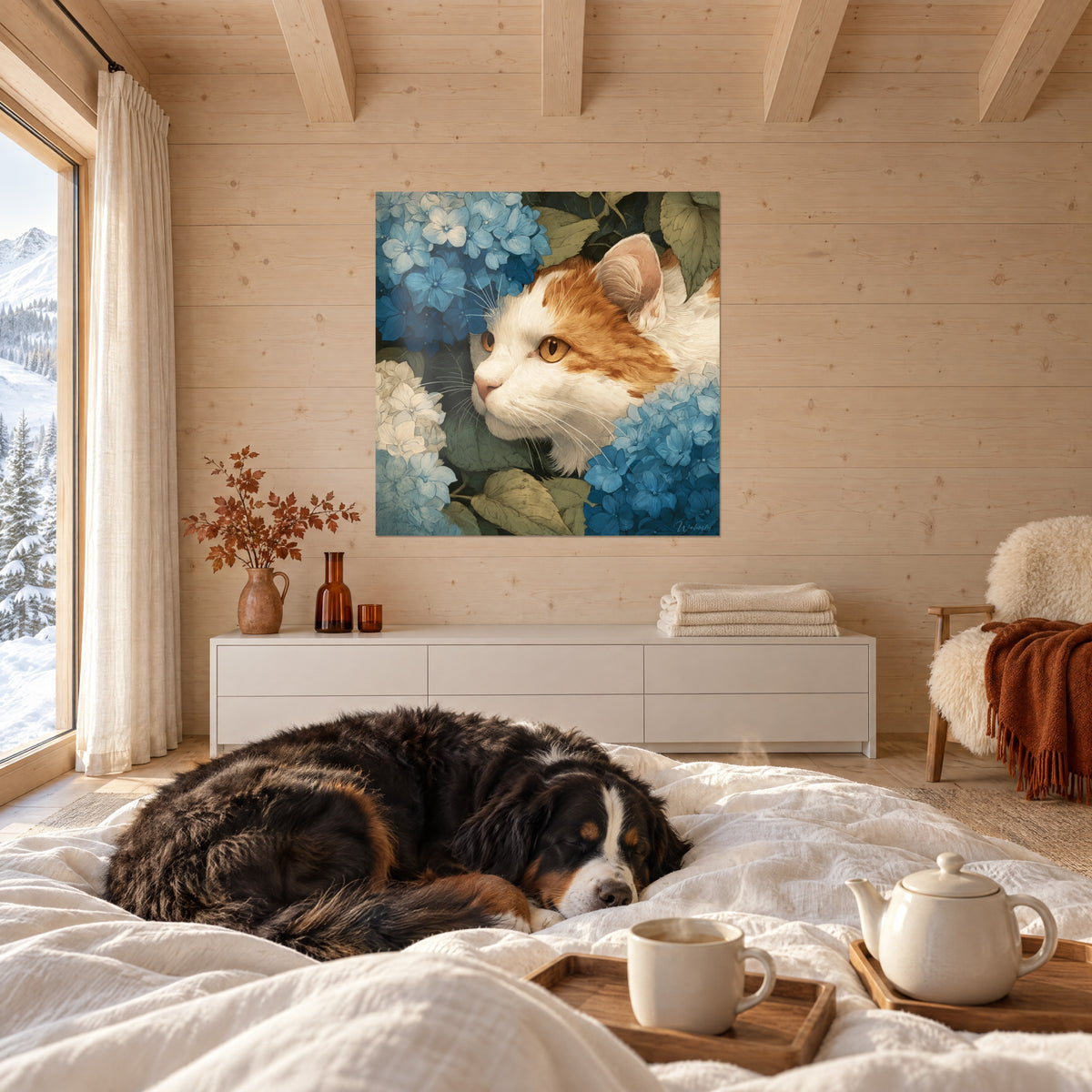Tableau portrait d'un matou roux et crème parmi des fleurs bleu cobalt et feuillage olive, au-dessus d'un lit dans une chambre claire
