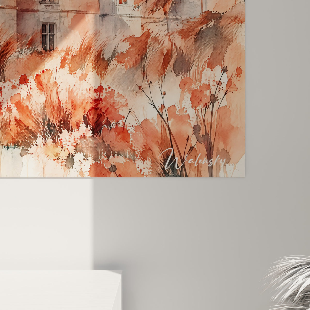 Coulures d'aquarelle corail et traits ardoise se mêlant sur la pierre du château, grain visible de la toile