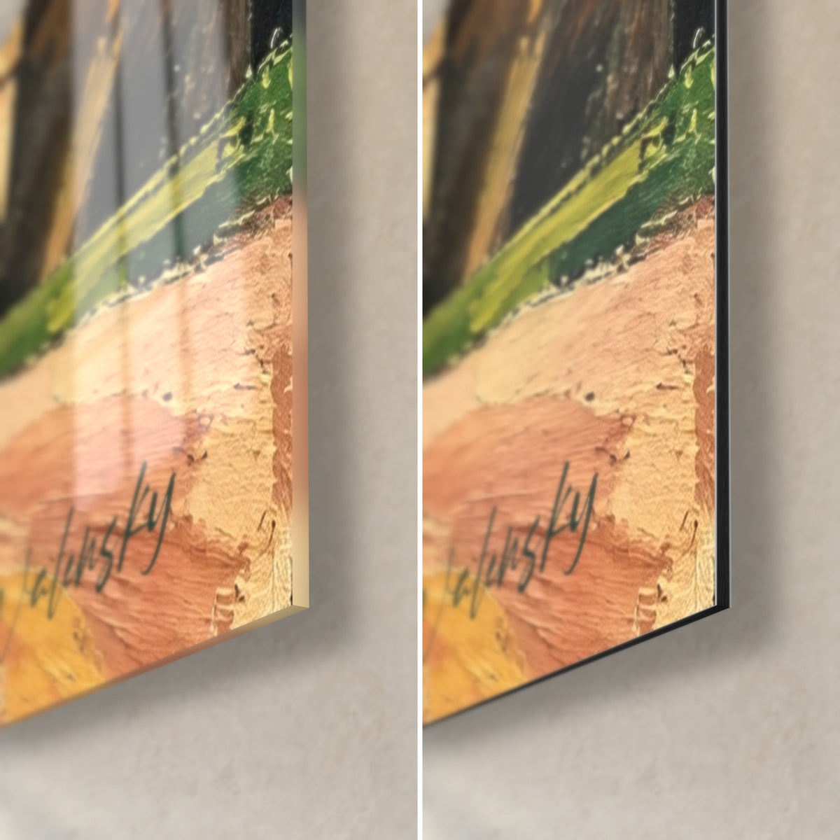 Gemälde mittelalterlicher Herrenhaus mit ockerfarbenen und rosa Mauern, untere rechte Ecke: glänzendes Acrylglas mit Reflexen gegen mattschwarzes Alu-Dibond, 3 mm Stärke