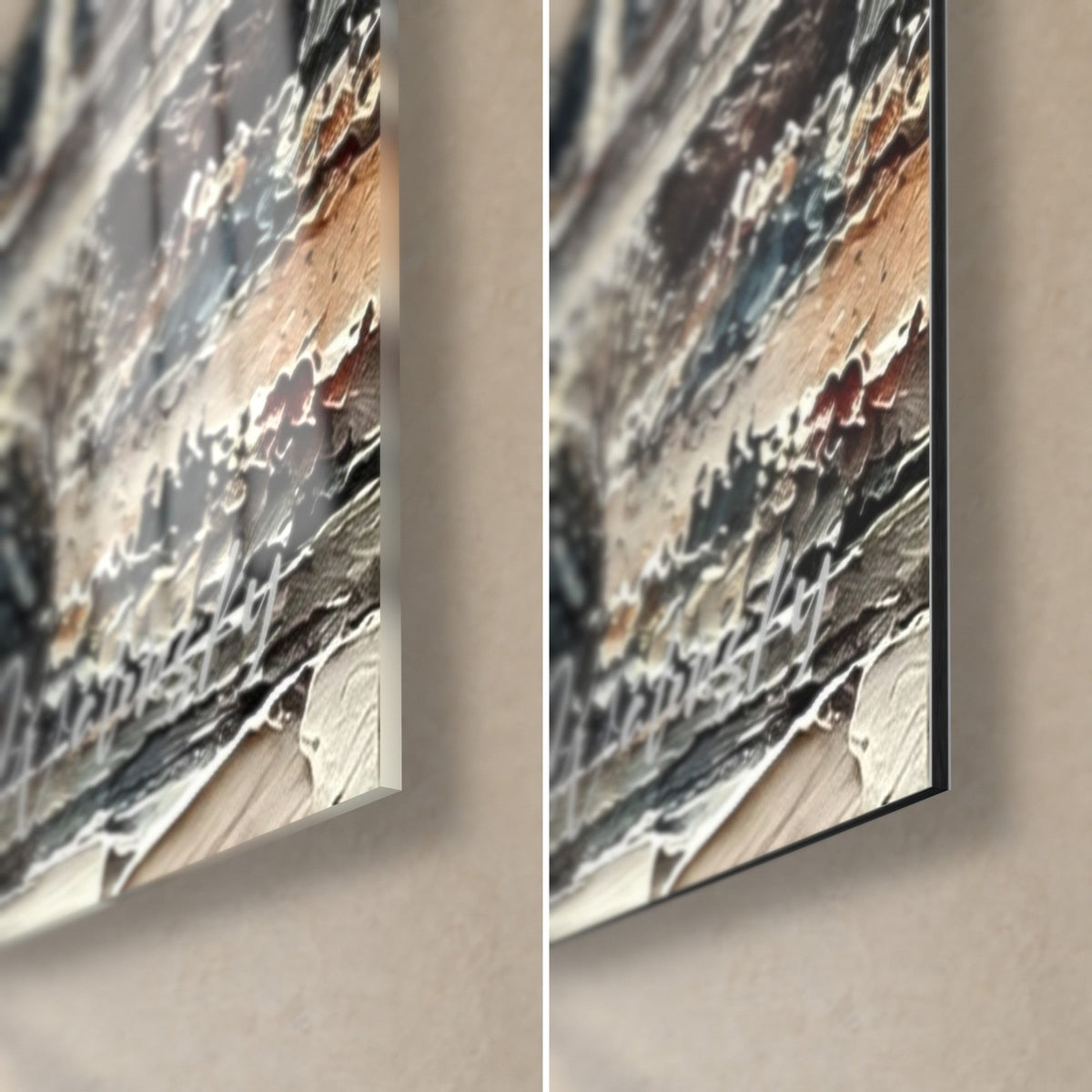 Gemälde Chenonceau in dicker Pastellfarbe, untere rechte Ecke: glänzender Acrylglas links, mattes schwarzes Dibond rechts, 3 mm Kante