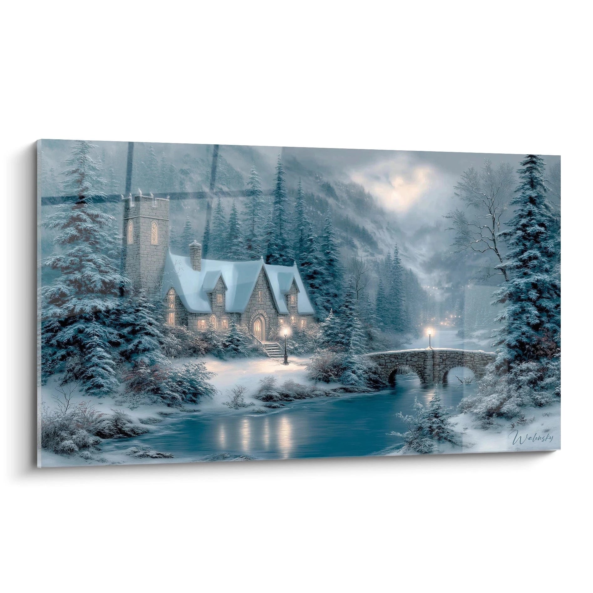 Tableau mural Walensky d un paysage hivernal avec château en pierre pont sur rivière gelée et sapins tableau château hiver