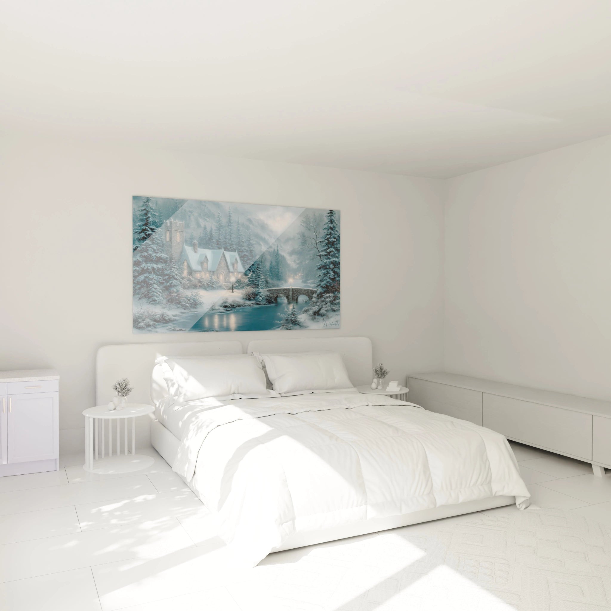 tableau château hiver Walensky accroché au dessus d un lit dans une chambre minimaliste paysage enneigé avec lac et pont