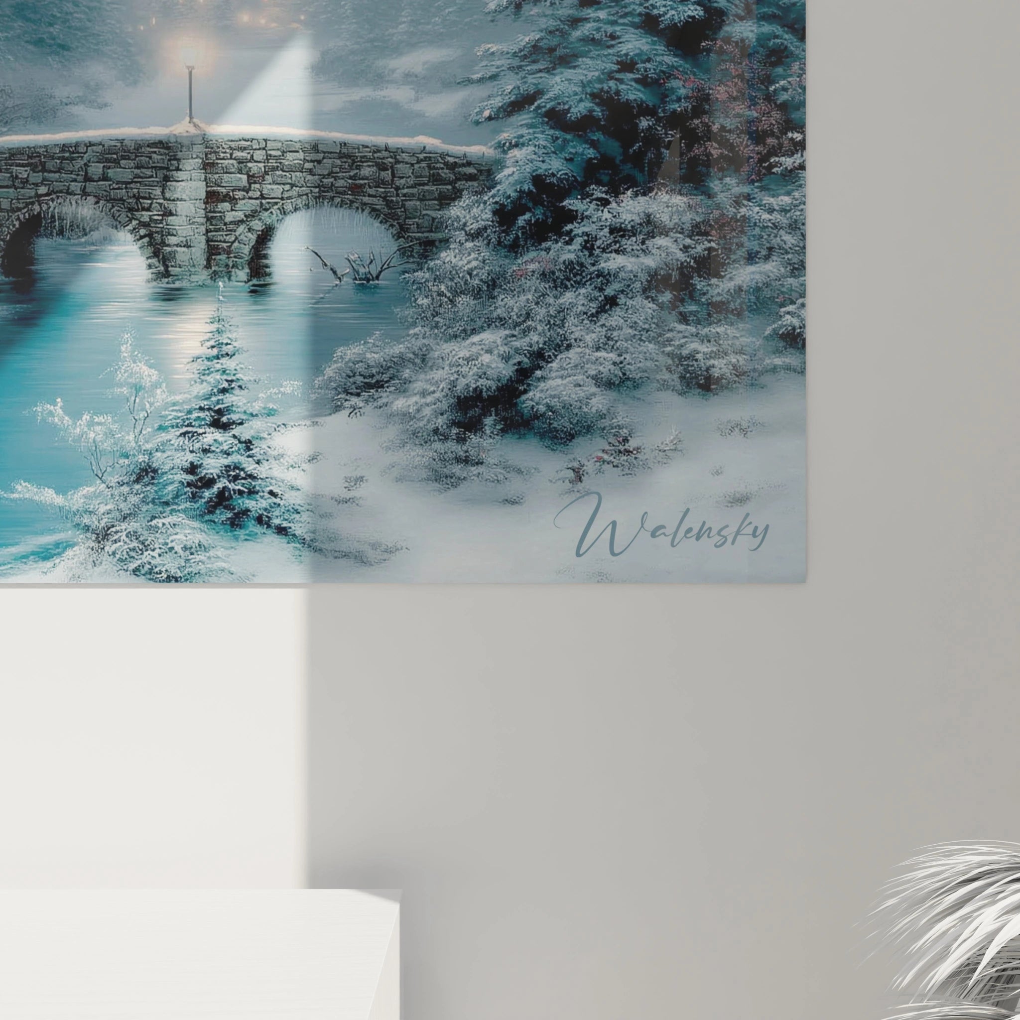 tableau château hiver Walensky montrant un pont en pierre enneigé lac gelé et sapins enneigés