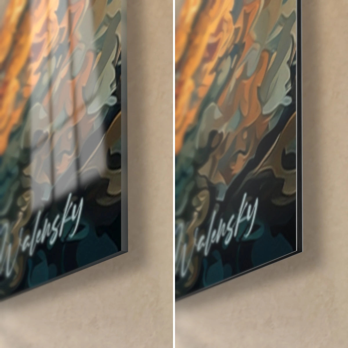 Wall art waterfall and autumn castle, bottom right corner: glossy acrylic glass on the left, matte Dibond aluminium on the right, Walensky signature